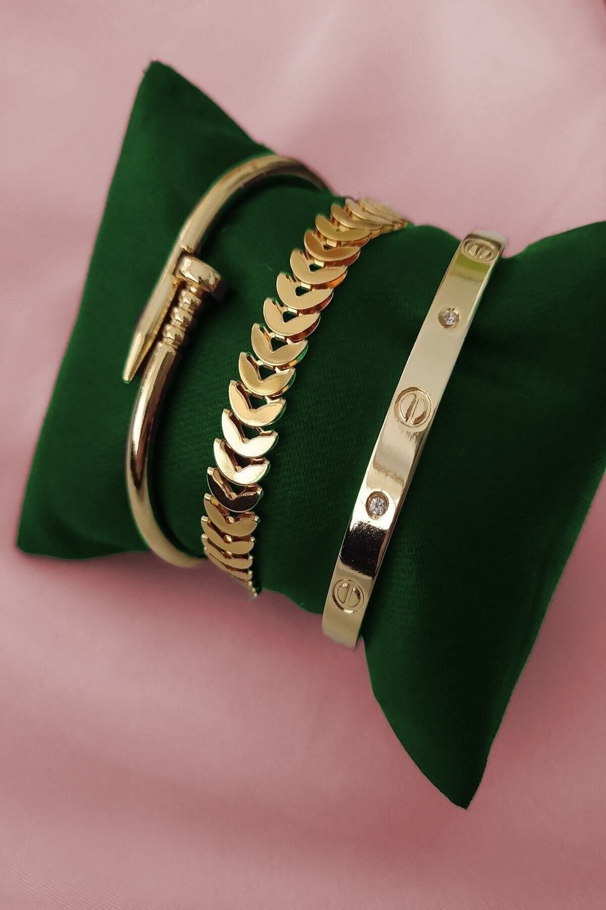 JEWELRY Kombin Kadın Altın Kaplama Taşlı Model Kılçık Ve Çivi Model Kombin Bileklik, Çivi Bileklik