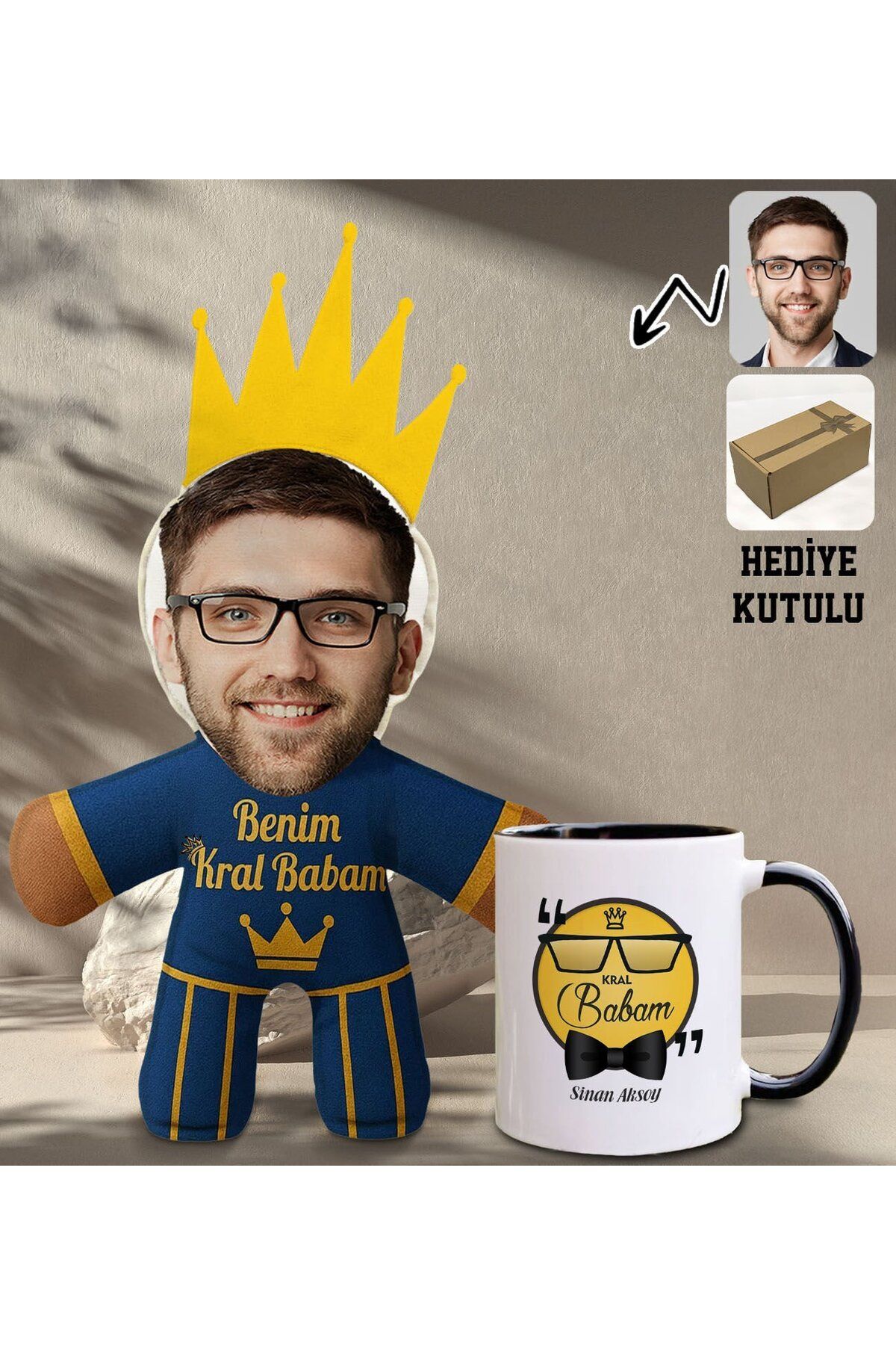 Bk Gift Kişiye Özel Fotoğraflı Kral Babam Tasarımlı Bebek Yastık-2 & Siyah Kupa Bardak Hediye Seti-1