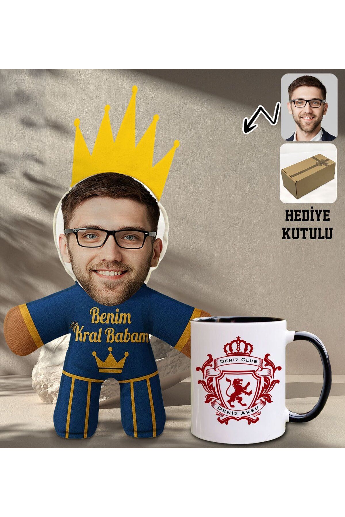 Bk Gift Kişiye Özel Fotoğraflı Kral Babam Tasarımlı Bebek Yastık-2 & Siyah Kupa Bardak Hediye Seti-1
