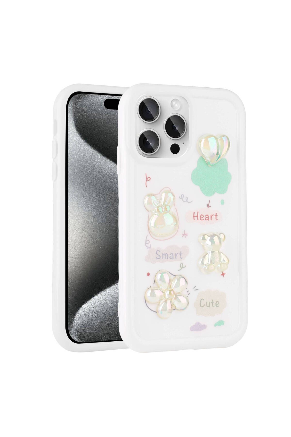 Strap U Apple iPhone 14 Pro Max Kılıf Kalp&Çiçek&Fiyonk&Ayıcık Kabartma Figürlü Parlak Toys Silikon Kapak
