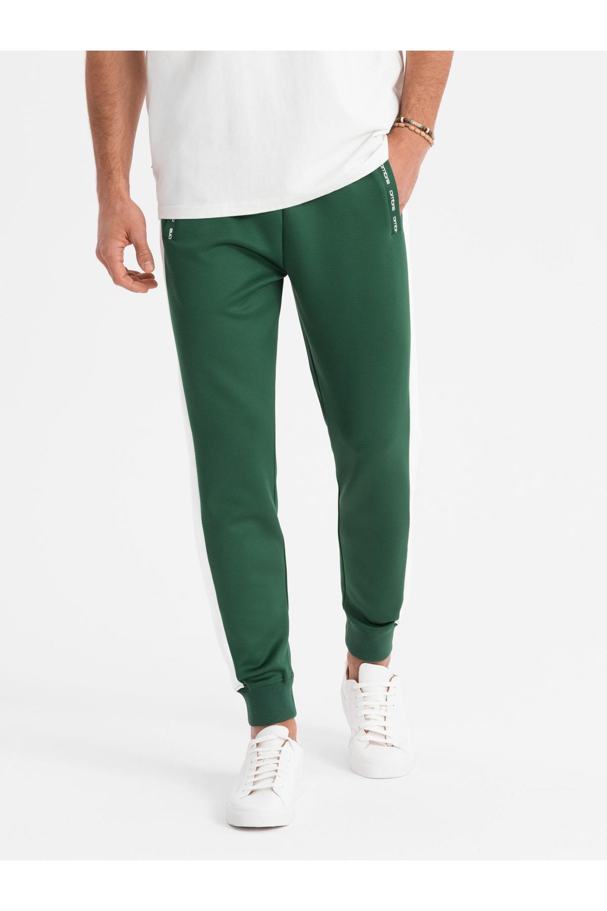 OMBRE-Herren Jogginghose Jogger mit Kontraststreifen - Dunkelgrün V7 OM-PASK-0229 S 3
