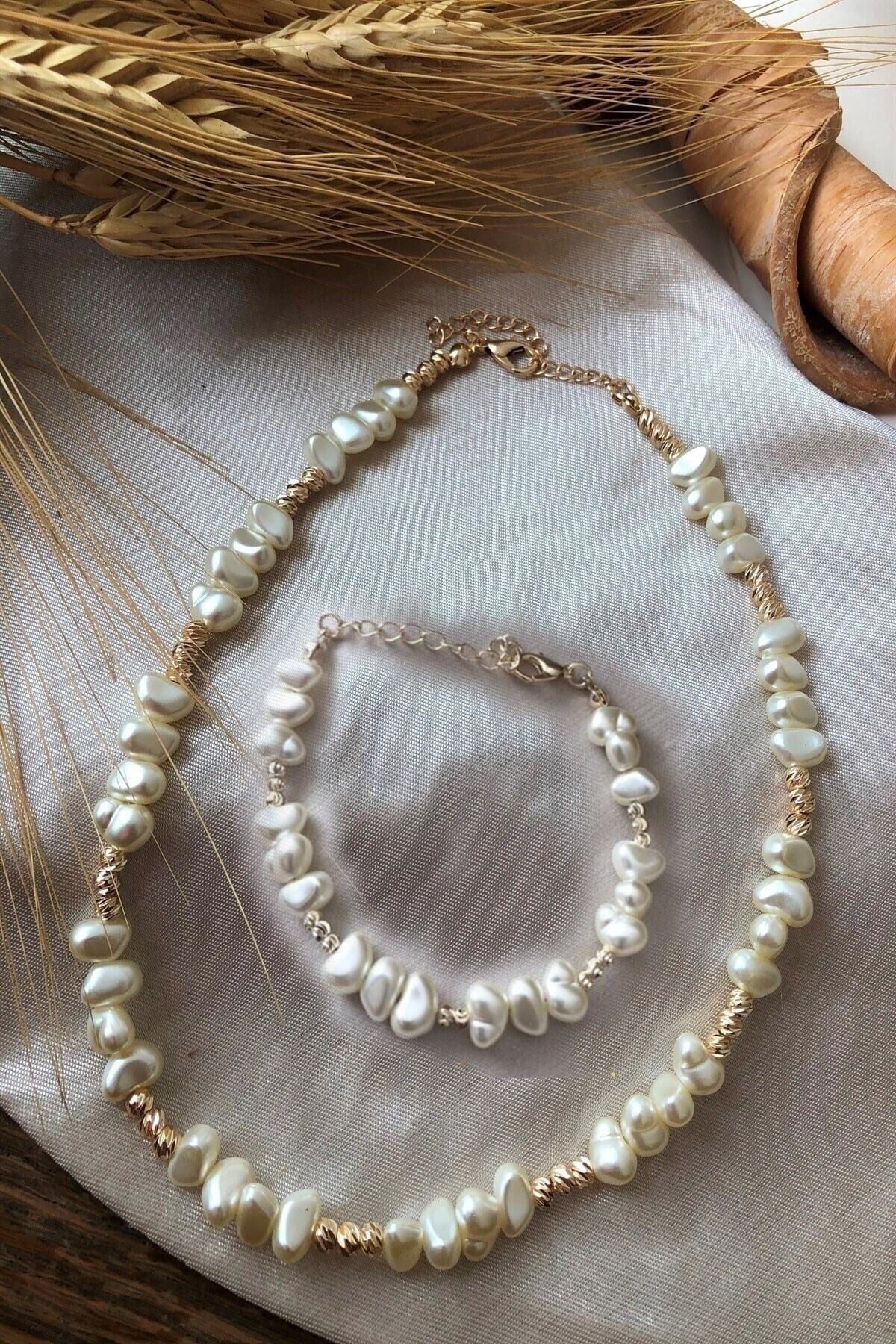 JEWELRY Kadın Altın Barok İnci Kısa Kolye Ve Bileklik Set