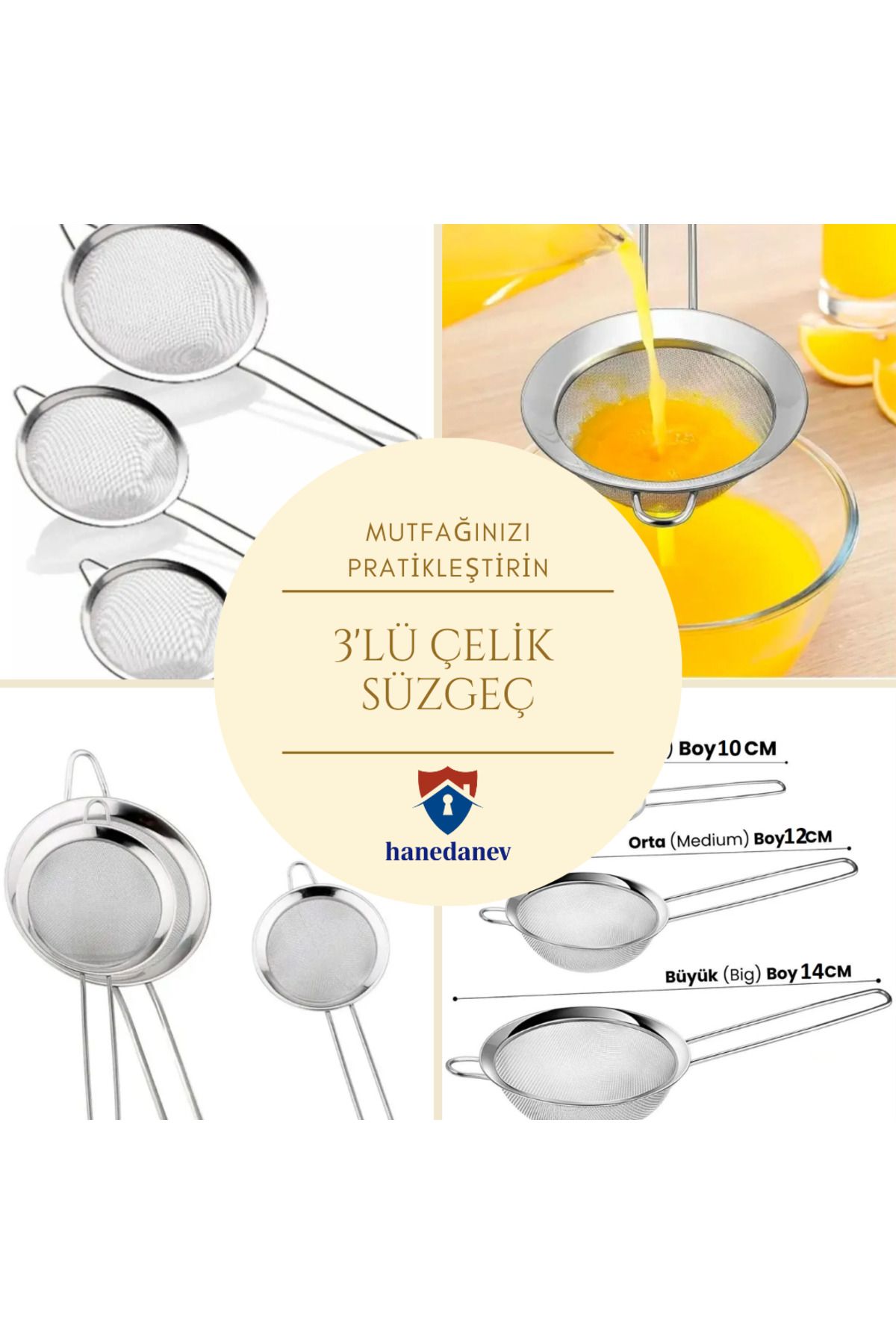 Hanedanev 3'lü Paslanmaz Tel Süzgeç, Çelik Süzgeç, Metal Süzgeç, Un Süzgeçi 10-12-14 Cm