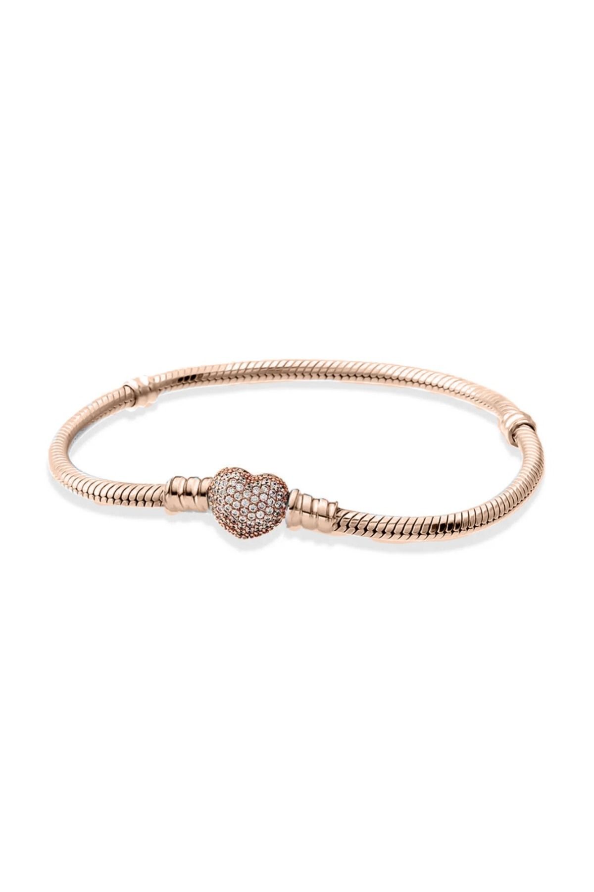 Fubena Rose Pave Taşlı Kalp Rose Kaplama Gümüş Bileklik Charm Taşıyıcı