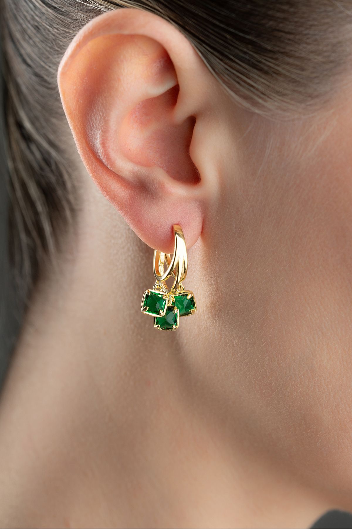 Silvano Jewelry 925 Ayar Gümüş Gold Yeşil Taşlı Küpe