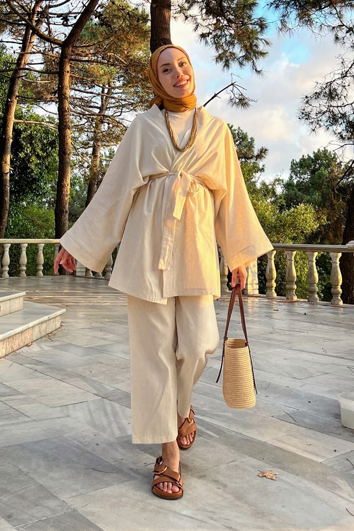 Armalia Bağlamalı Kimono Takım – Krem