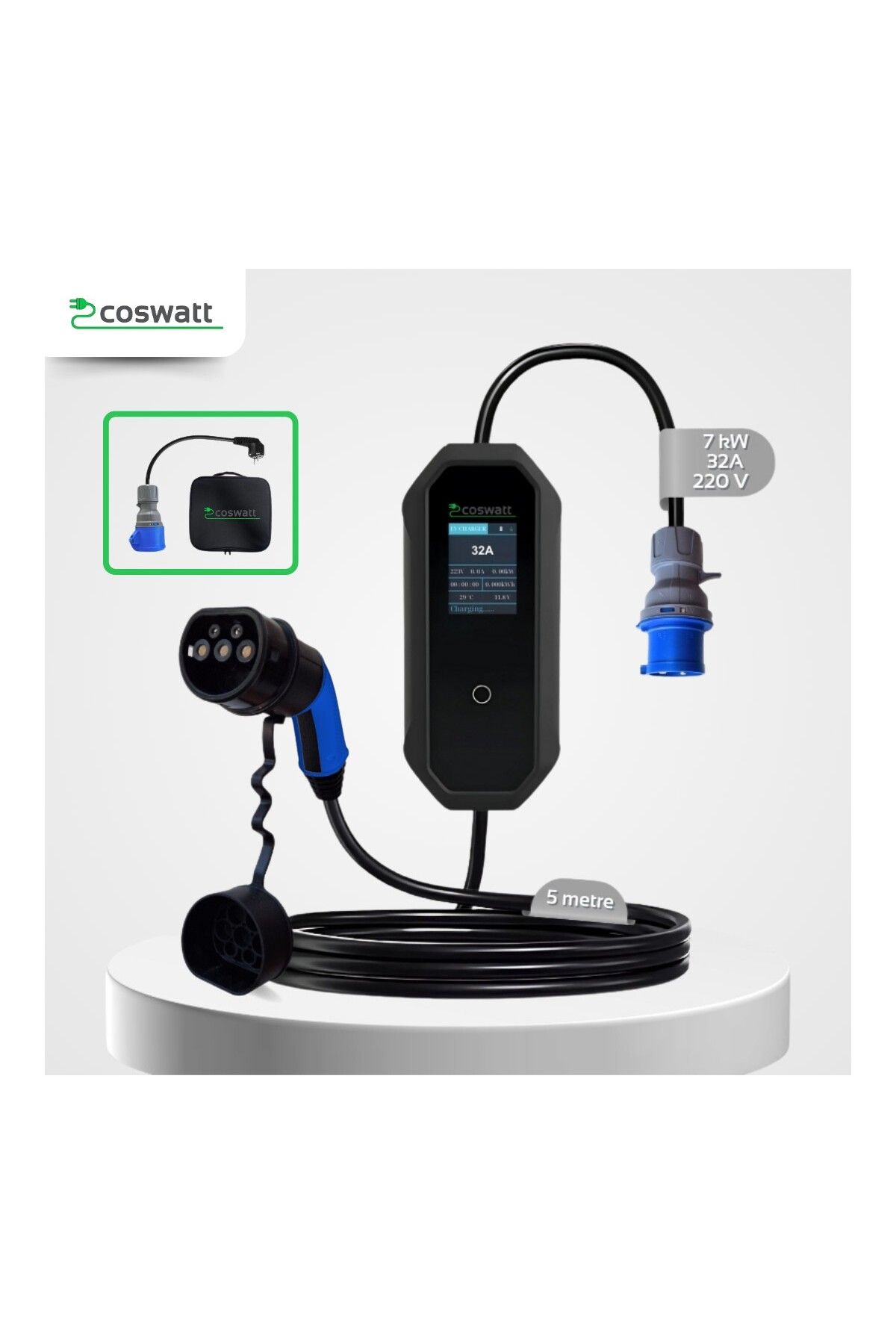 Mayuk Dizayn Coswatt Elektrikli Araç Taşınabilir Şarj Cihazı 7 Kw / 32a / Tip-2 / 3x32a Fiş / 5m / 220v Ac /