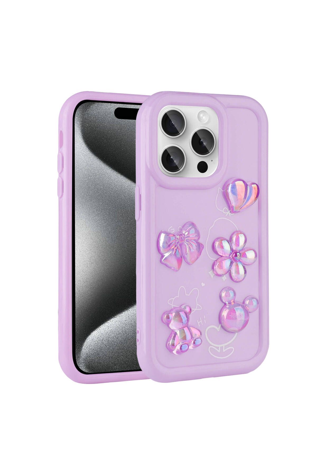 Strap U Apple iPhone 14 Pro Max Kılıf Kalp&Çiçek&Fiyonk&Ayıcık Kabartma Figürlü Parlak Toys Silikon Kapak