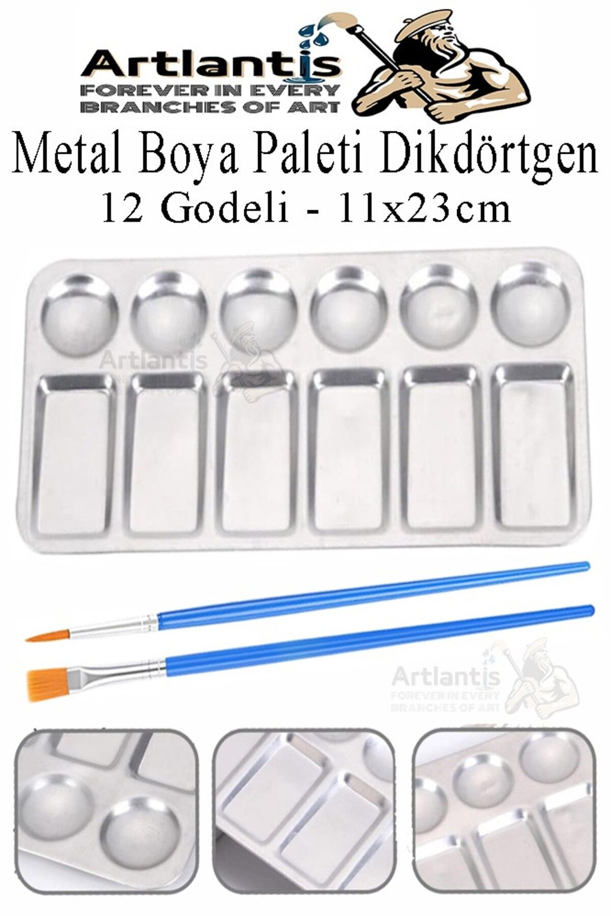 Artlantis Dikdörtgen Metal Palet 1 Adet Metal Boya Paleti 12 Hazneli 11x23 cm Paslanmaz Resim Boyama Paleti Fı