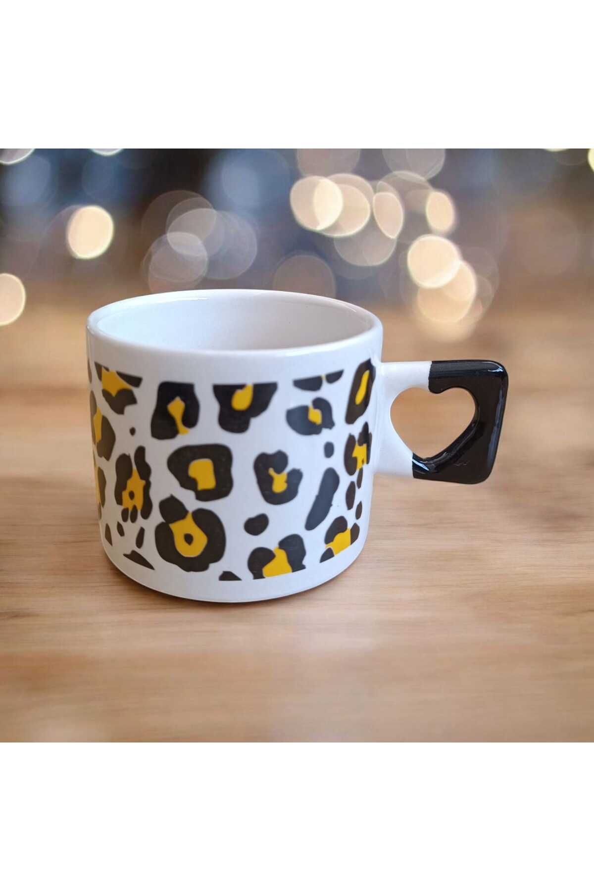 Simge Seramik Leopar Desenli Siyah Kalp Kulplu El Yapımı Seramik Mug Kupa Çay Cappuccino Fincanı