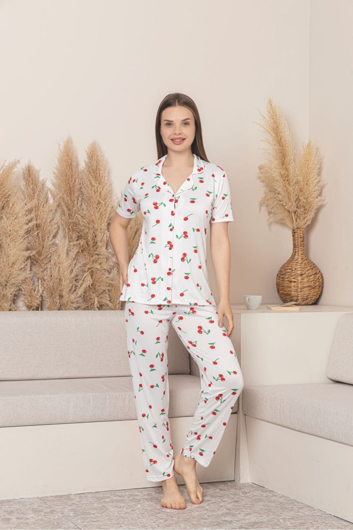 Asel Kısa Kollu Boydan Düğmeli Likralı Milan Pijama Takımı