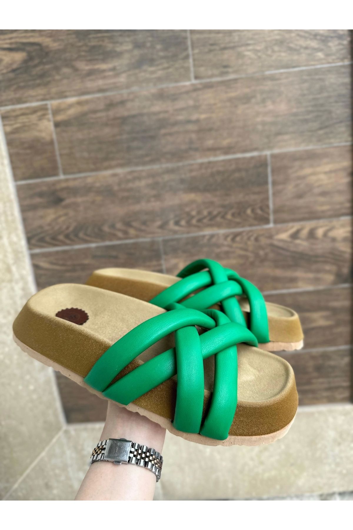 BellevieStore Tenda Yeşil Cilt Terlik