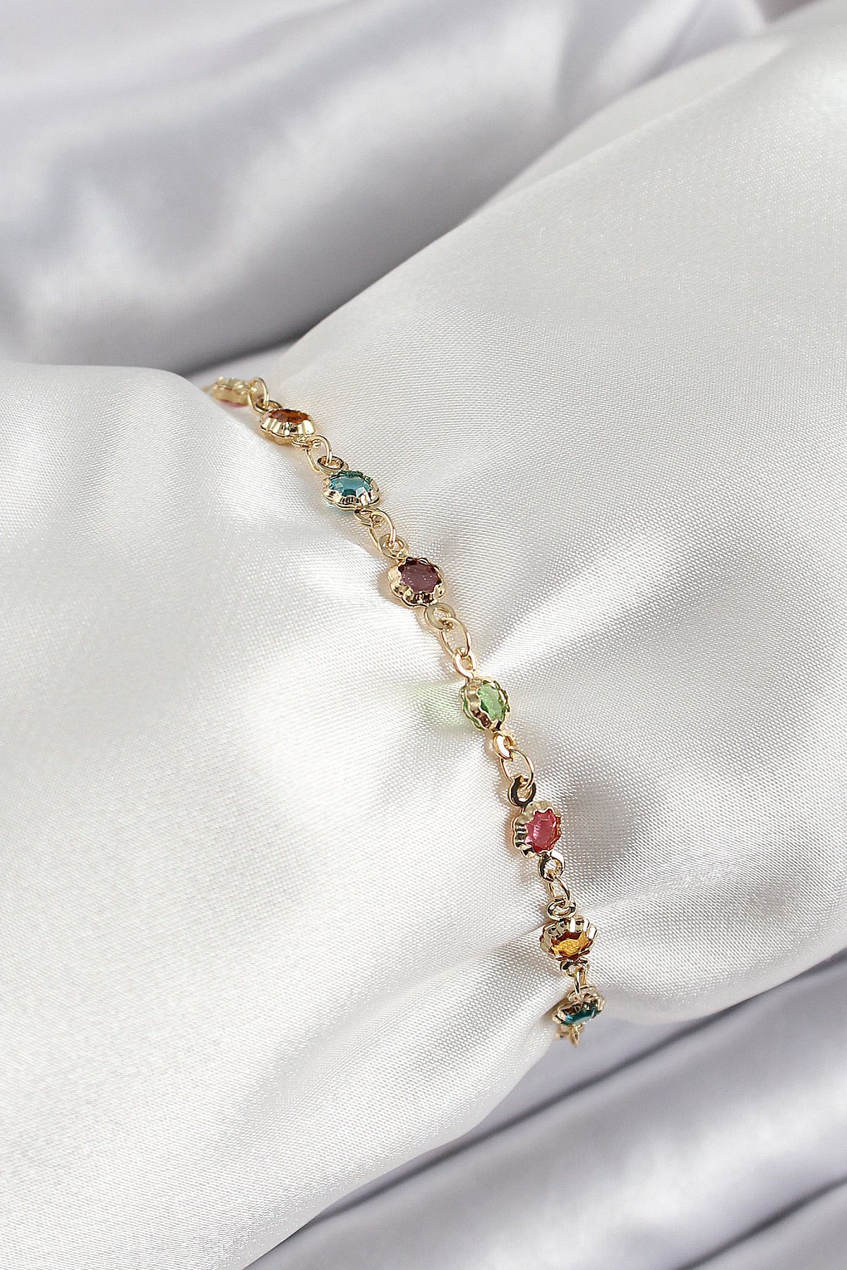 STİLLOVE Pirinç Gold Renk Karışık Renkli Zirkon Taşlı Kadın Bileklik SL12197