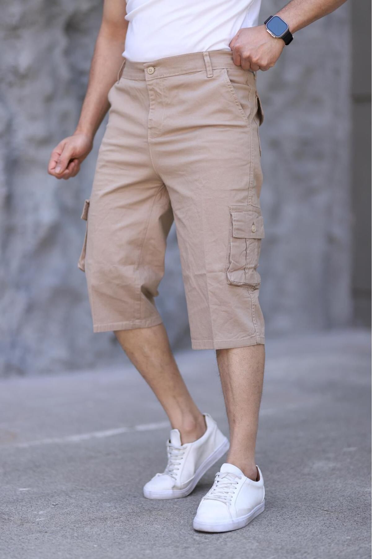 XORVİO Erkek Slim Fit Kapri Likralı Gabardin Diz Altı Yandan Cepli Bermuda