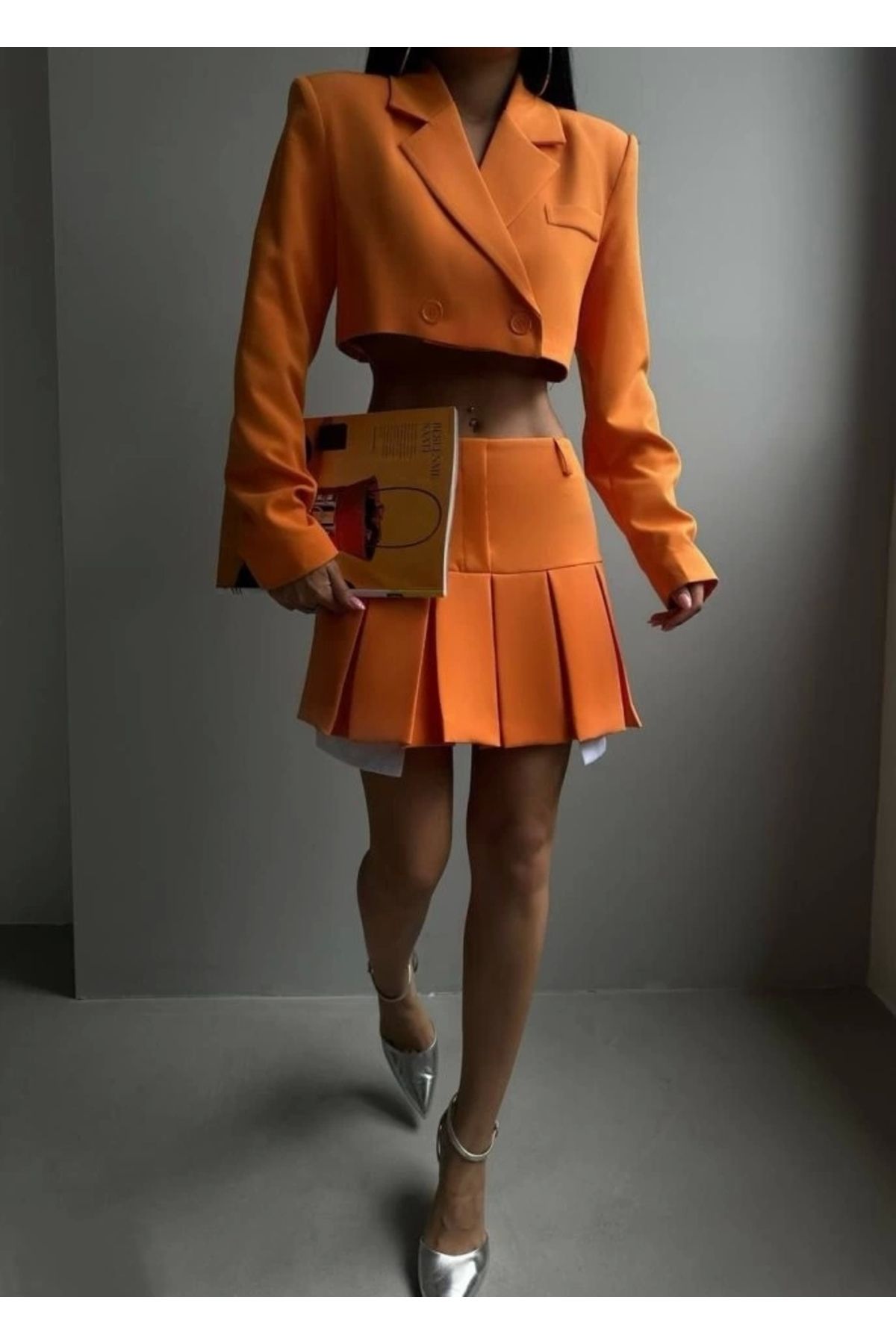 Butik Pileli Etek Crop Ceket Takım