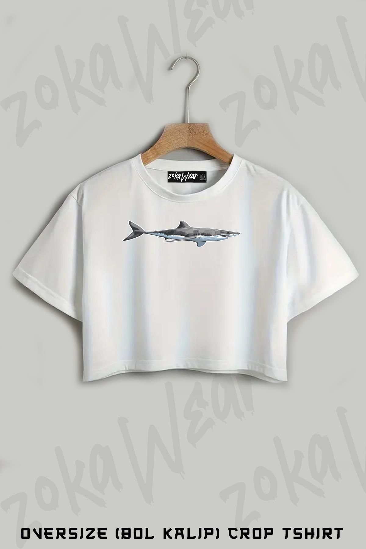 ZOKAWEAR Great White Shark Baskılı Oversize Crop T-Shirt