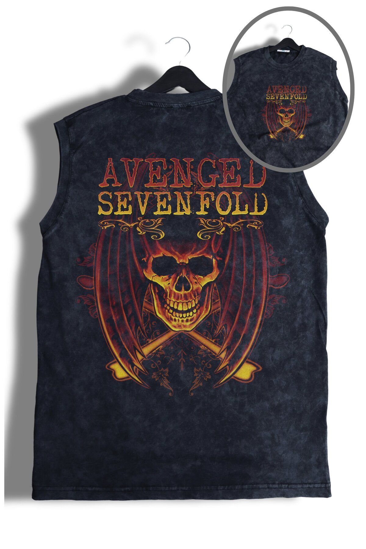 Fuddy Moda Rock Band Avenged Sevenfold Sırt Baskılı Yıkamalı Bisiklet Yaka Kolsuz Tişört