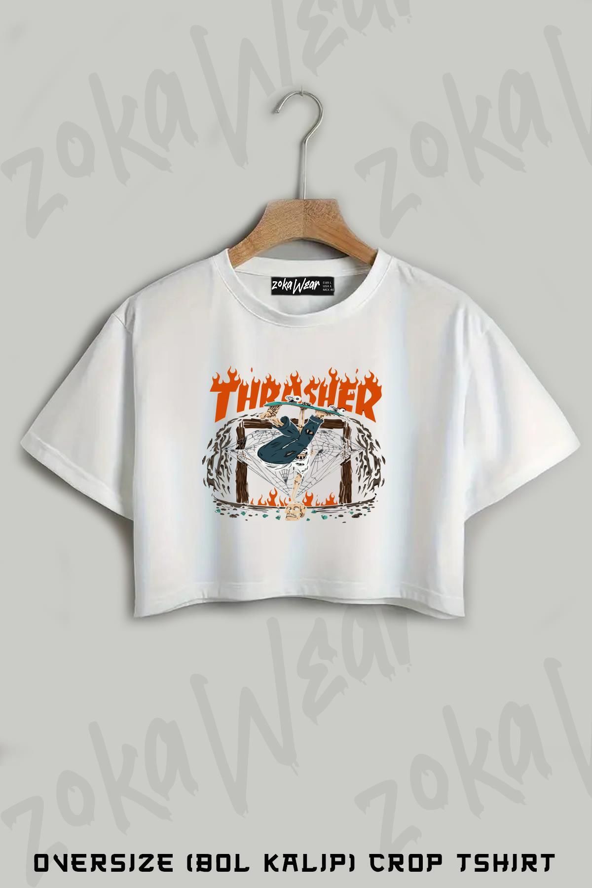ZOKAWEAR Thrasher Kaykaycı Iskelet Baskılı Oversize Crop T-Shirt