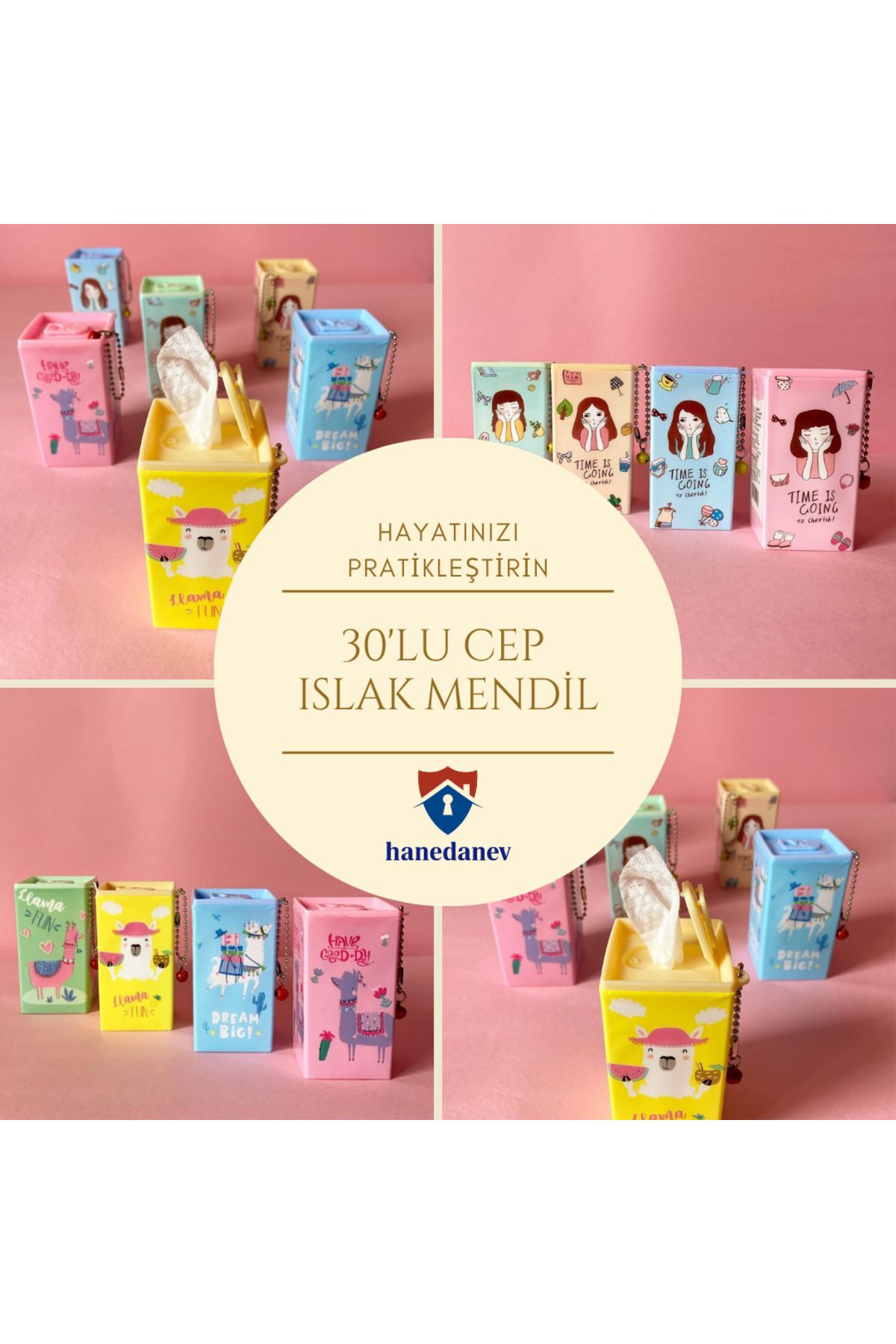 Hanedanev 1 Adet Islak Mendil Sevimli Figürlü Kutu Şekilli Anahtarlıklı Mendil Kutusu 30Lu Cep Islak Mendil