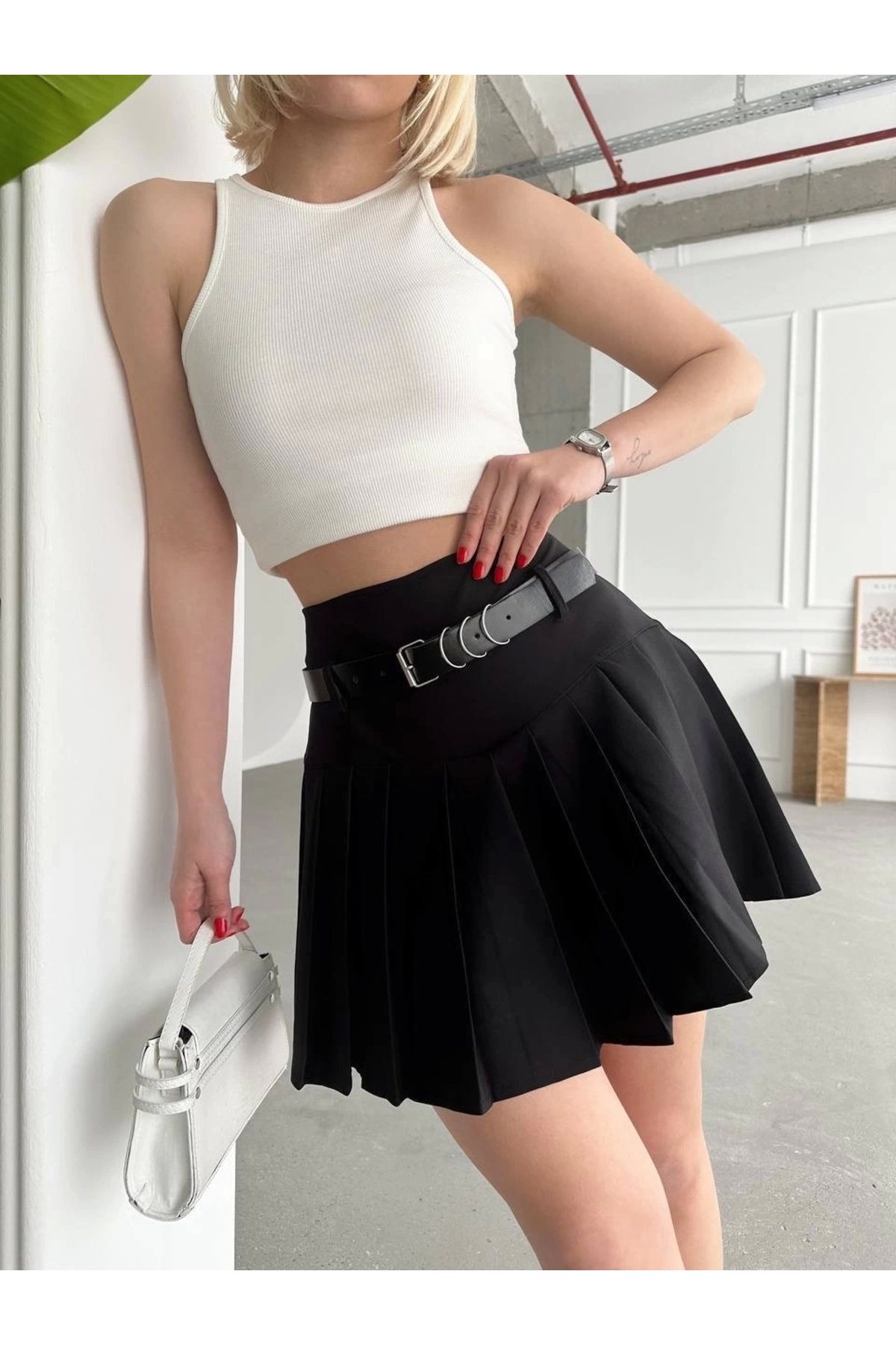 BellevieStore Kemerli pikseli şort etek