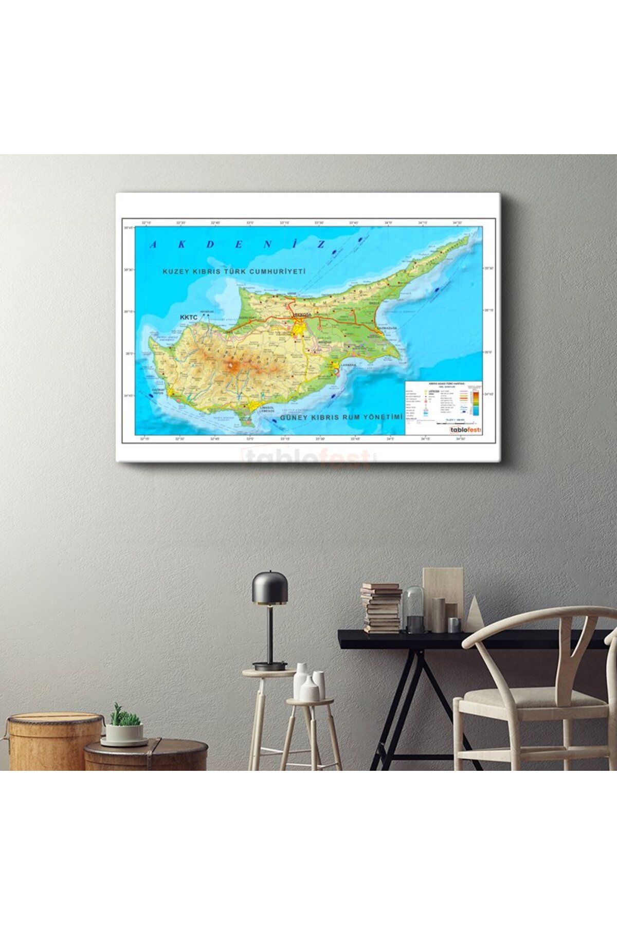 Tablofest Kıbrıs - Fiziki Haritası Kanvas Tablo