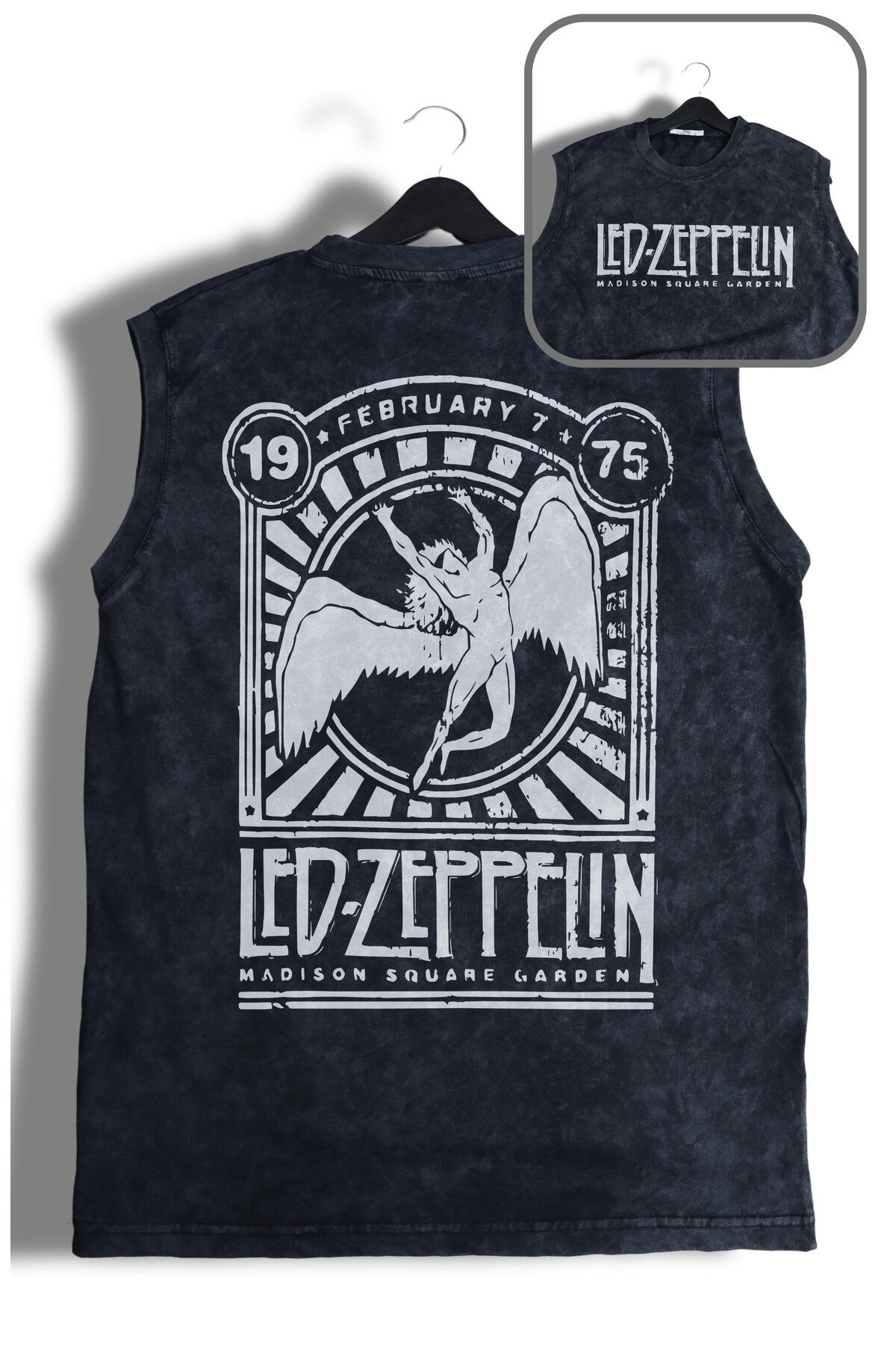 Fuddy Moda Led Zeppelin 1975 Sırt Baskılı Yıkamalı Kolsuz Tişört,Unisex Rock Band Temalı Sıfır Kol Retro Atlet