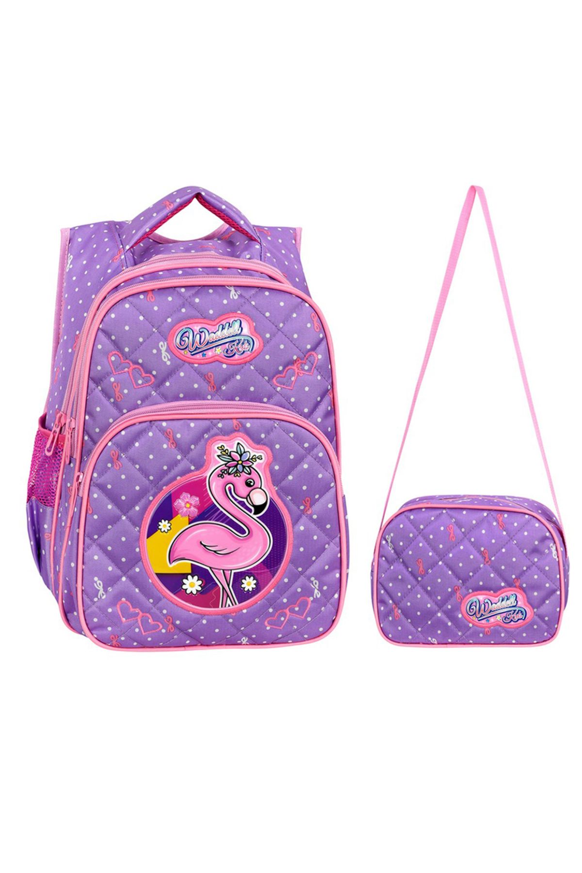 KAFF Lila Flamingo Desenli İlkokul Çantası ve Beslenme Kız Çocuk 2'li Set İlkokul Çantası - 24004