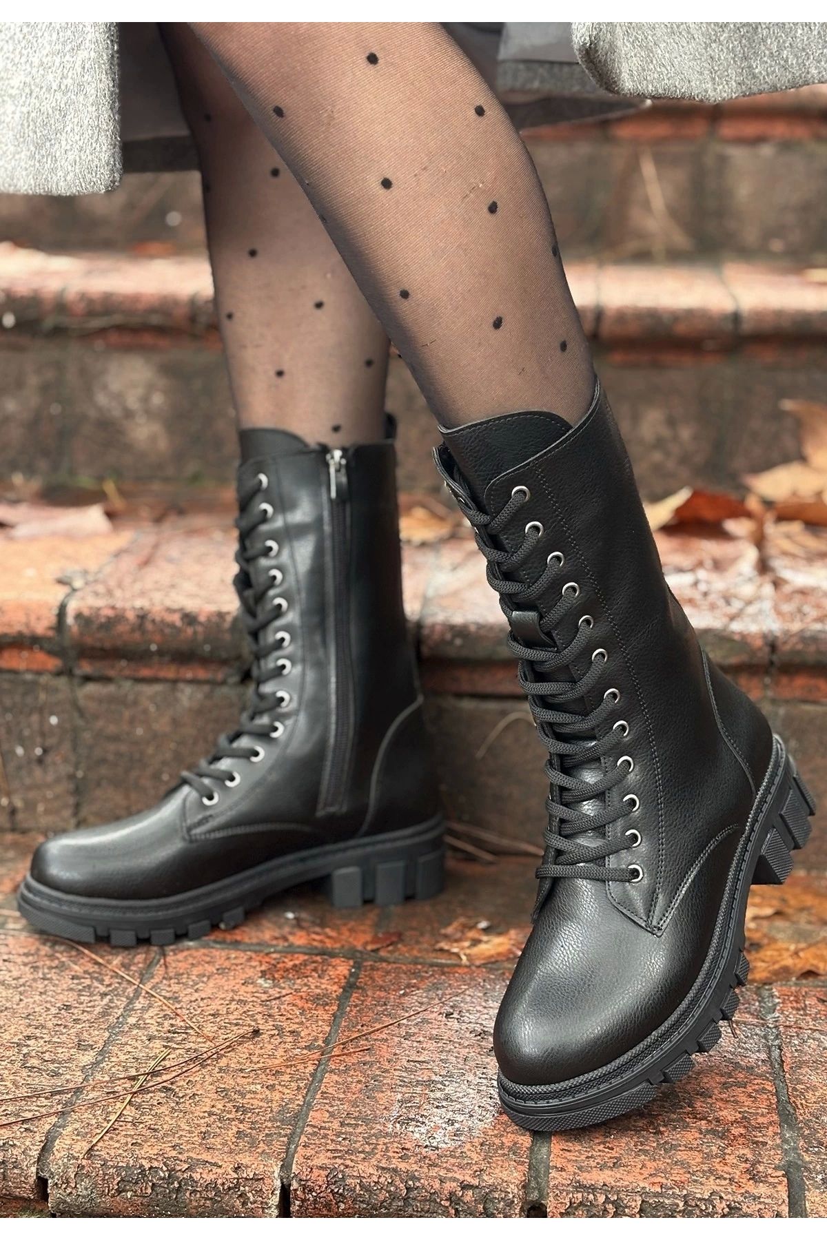 BellevieStore Nabah Siyah Cilt Bağcıklı Bot