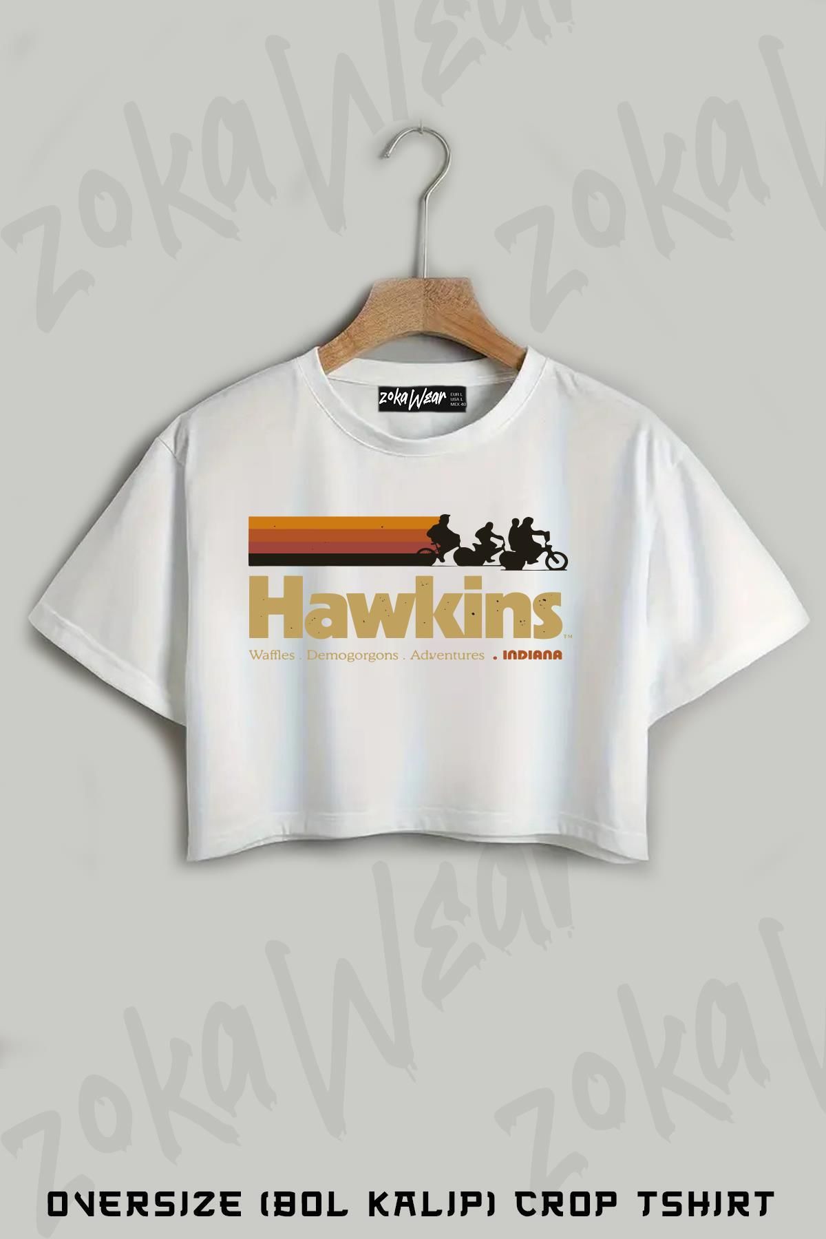 ZOKAWEAR Visit Hawkins Indiana Vintage Baskılı Oversize Crop T-Shirt