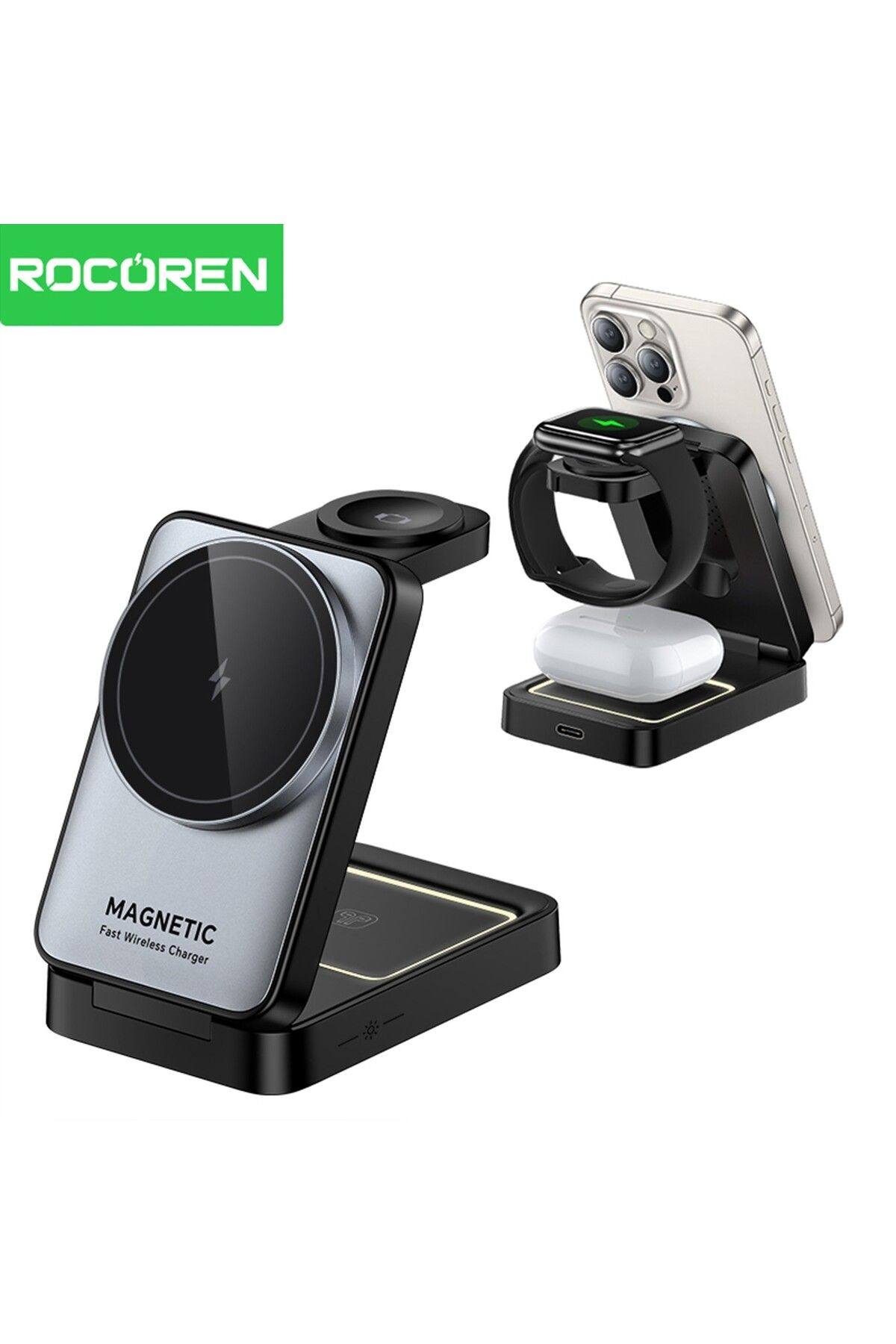 Rocoren 3‘ü 1 Arada iPhone Airpods Apple Watch MagSafe Uyumlu Kablosuz Şarj Cihazı Stand