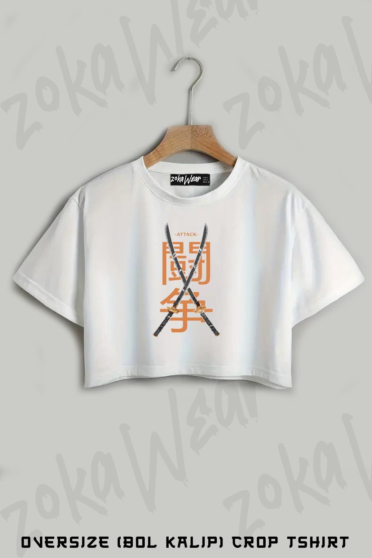 ZOKAWEAR Samuray Japon Katana Attack Baskılı Oversize Crop T-Shirt