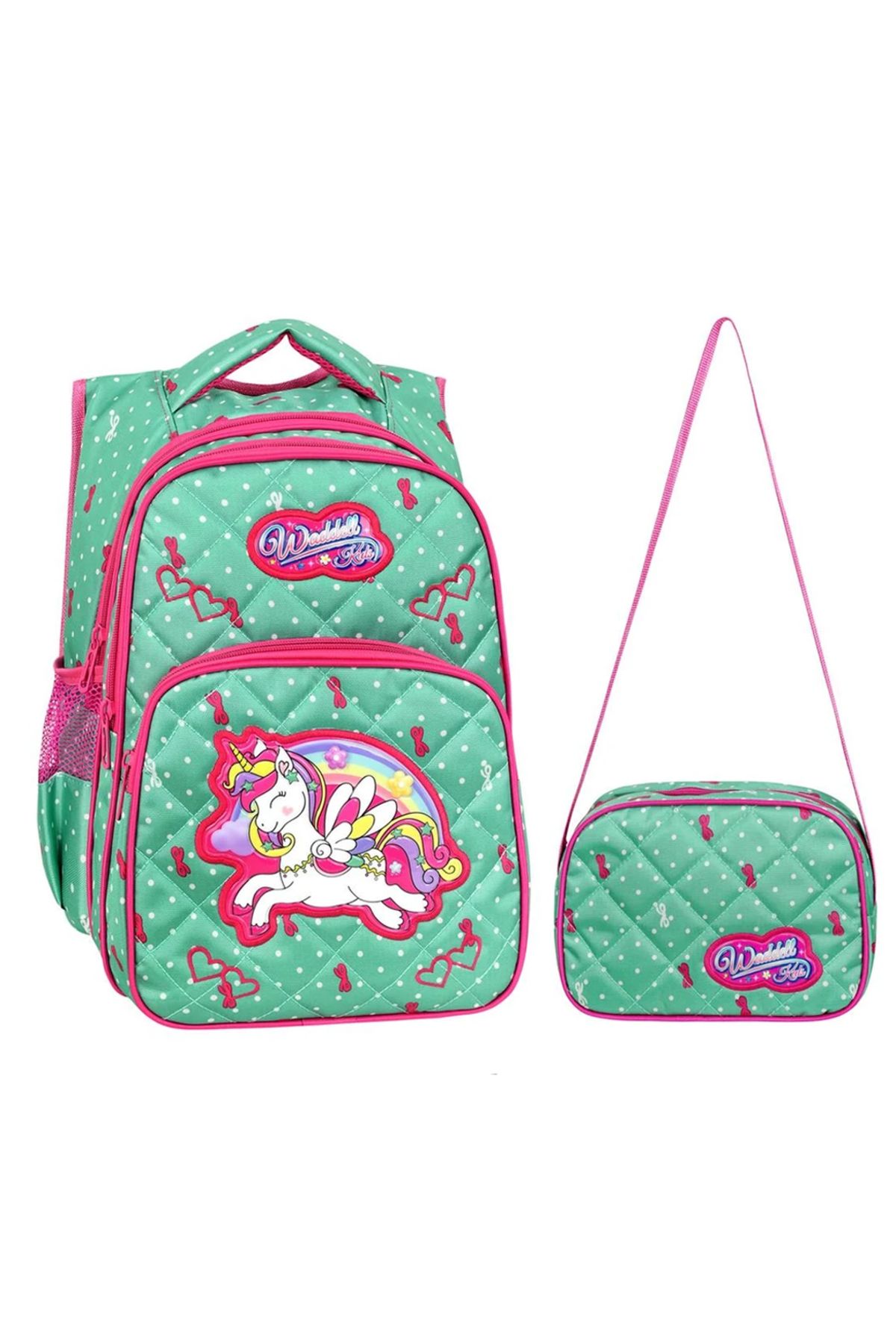 KAFF Yeşil Unicorn Desenli İlkokul Çantası ve Beslenme Kız Çocuk 2'li Set İlkokul Çantası - 24003