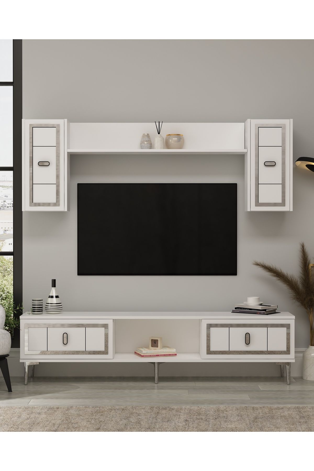 DemonteHome ORİONDH TV ÜNİTESİ TAKIMI BEYAZ-GÜMÜŞ
