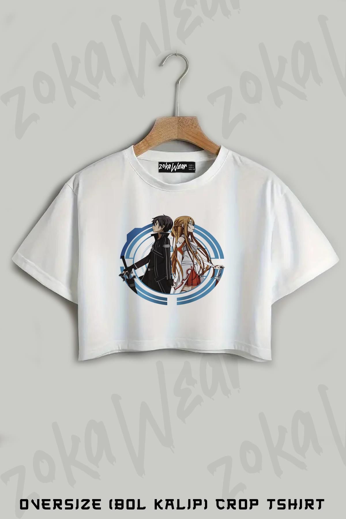 ZOKAWEAR Sword Art Online Kirito Ve Asuna Karakter Baskılı Oversize Crop T-Shirt