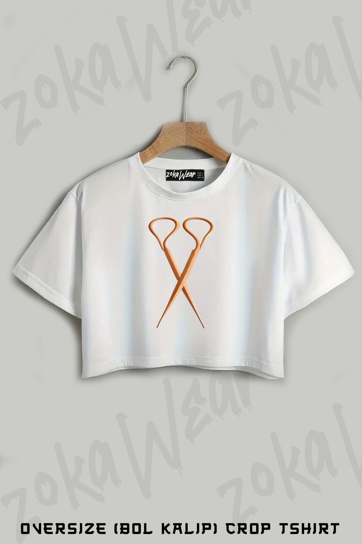ZOKAWEAR Asian Cuisine Chopstick In A Scissor Shape Baskılı Oversize Crop T-Shirt
