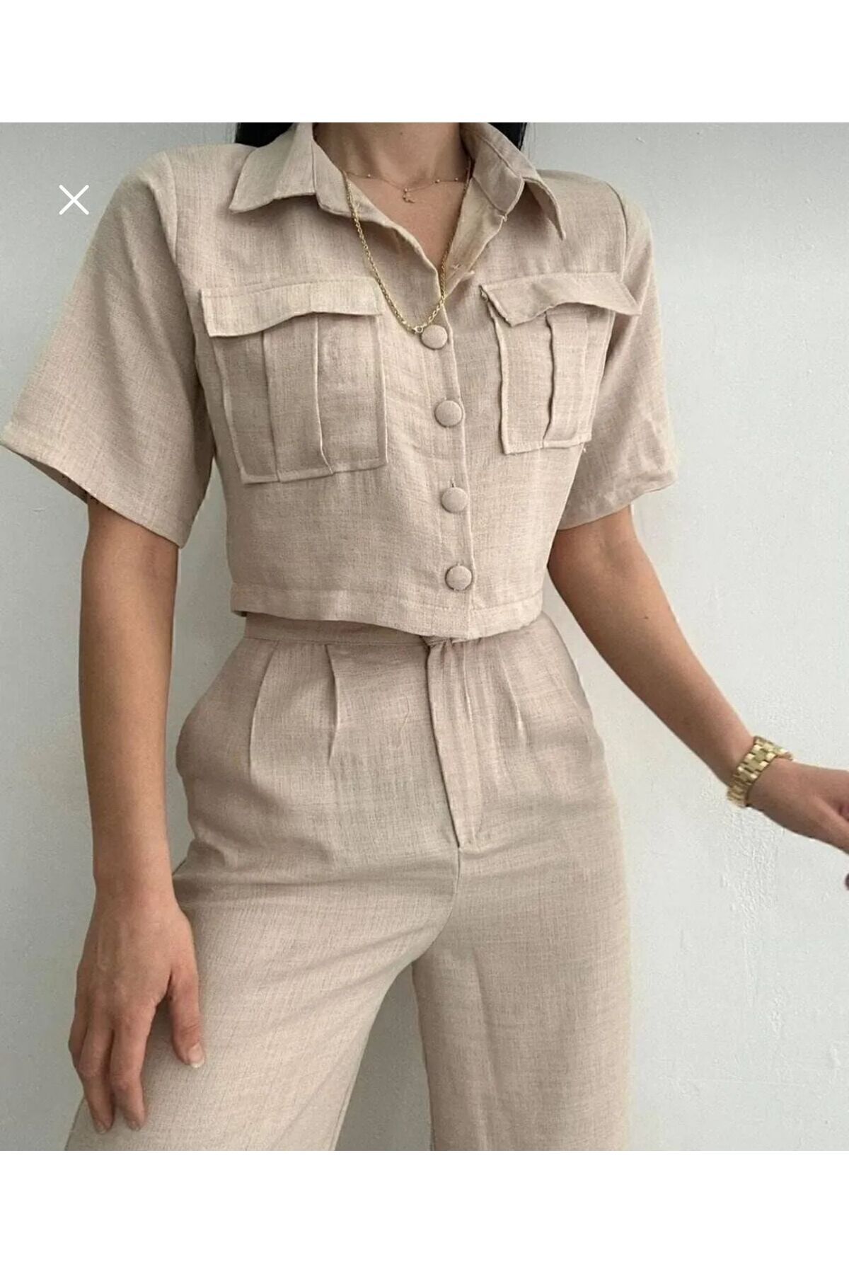 Moda Alkoç Keten Gömlek Ceket Pantolon Kadın Takım