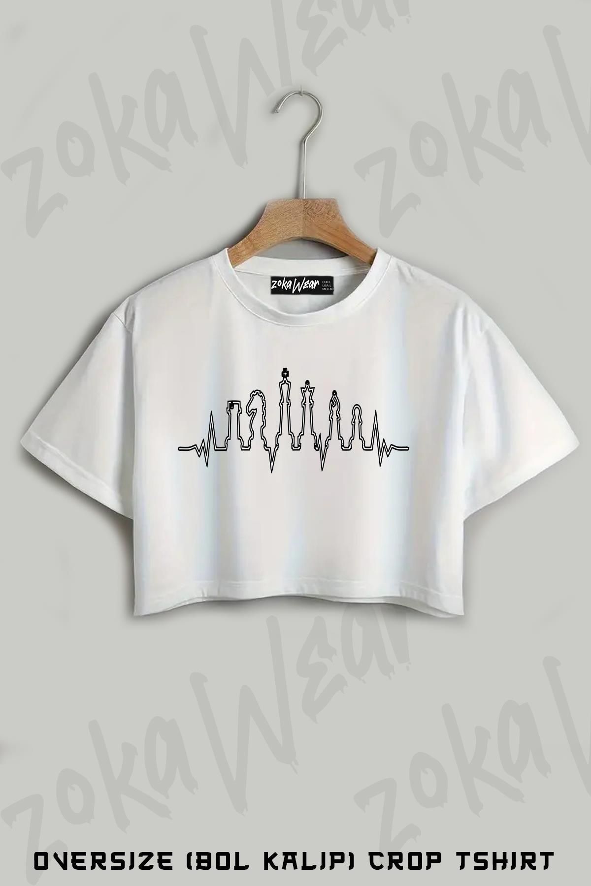 ZOKAWEAR Heartbeat Chess Satranç Baskılı Oversize Crop T-Shirt