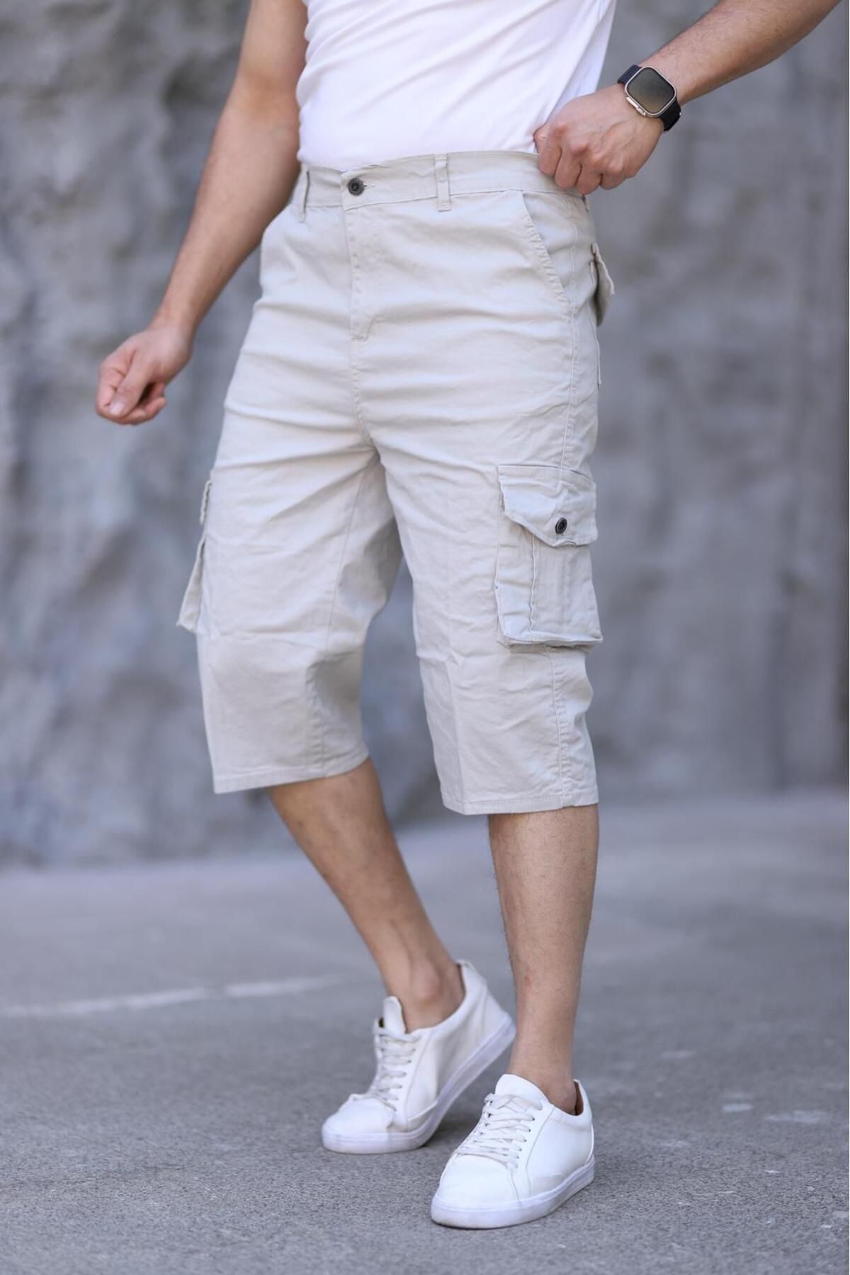 XORVİO Erkek Slim Fit Kapri Likralı Gabardin Diz Altı Yandan Cepli Bermuda