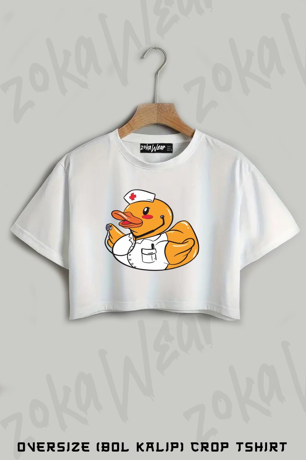 ZOKAWEAR Hemşire Ördek Sağlıkçı Baskılı Oversize Crop T-Shirt