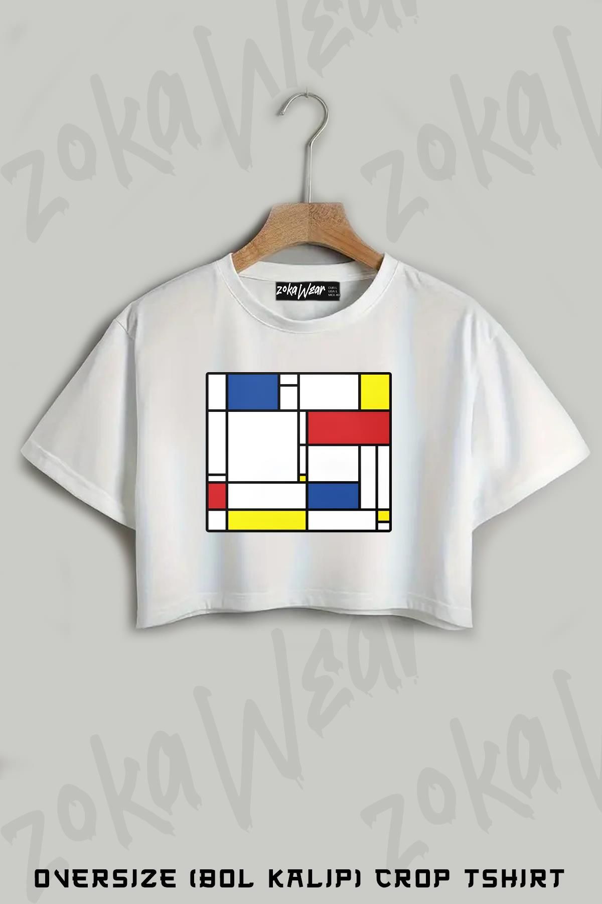 ZOKAWEAR Mondrian Minimalist De Stijl Baskılı Oversize Crop T-Shirt