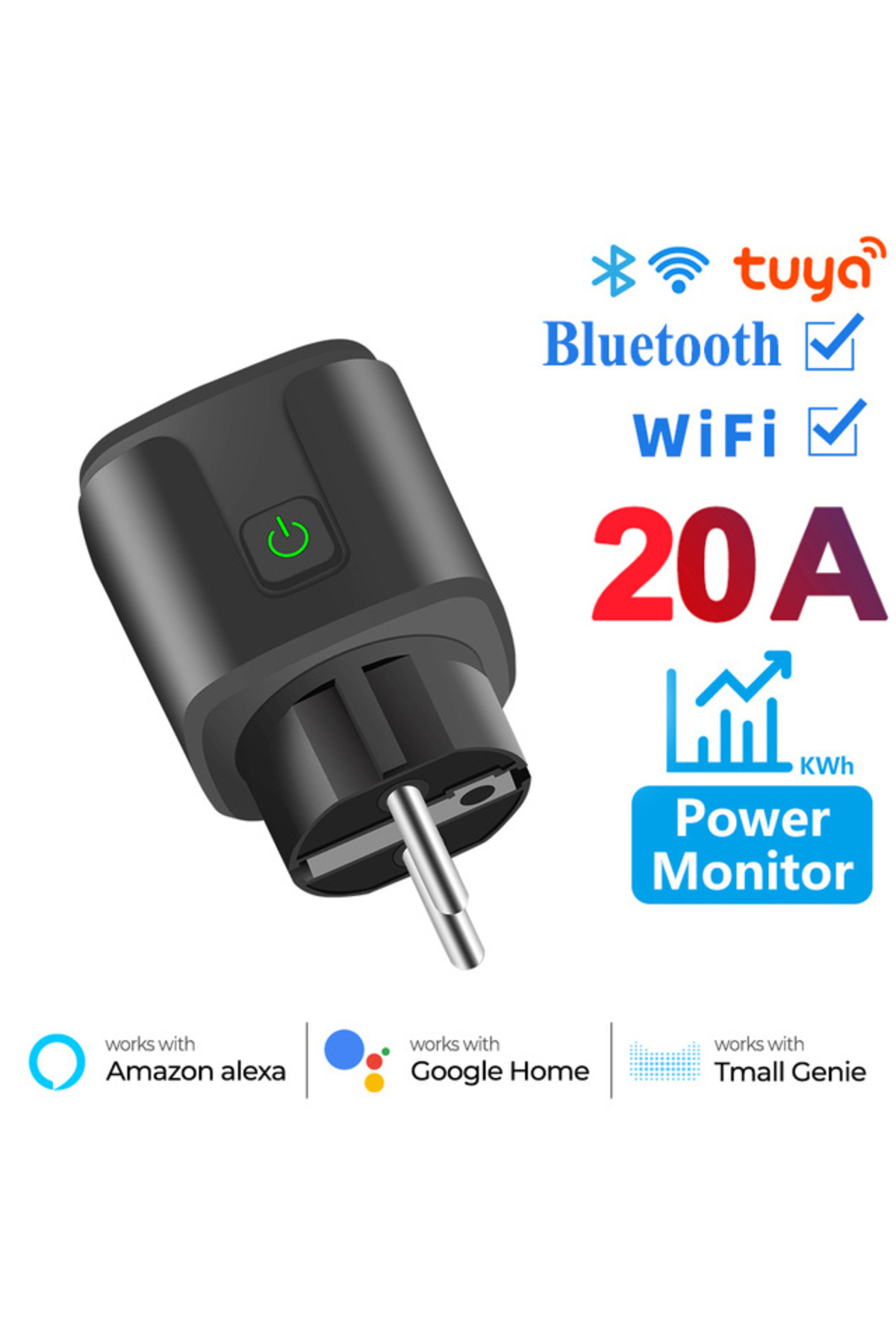 Choice1-Black 20A 20A AC100-240V Wifi Smart Plug Smart Socket EU Power Monitor Outlet Alexa Google Home Voic 1