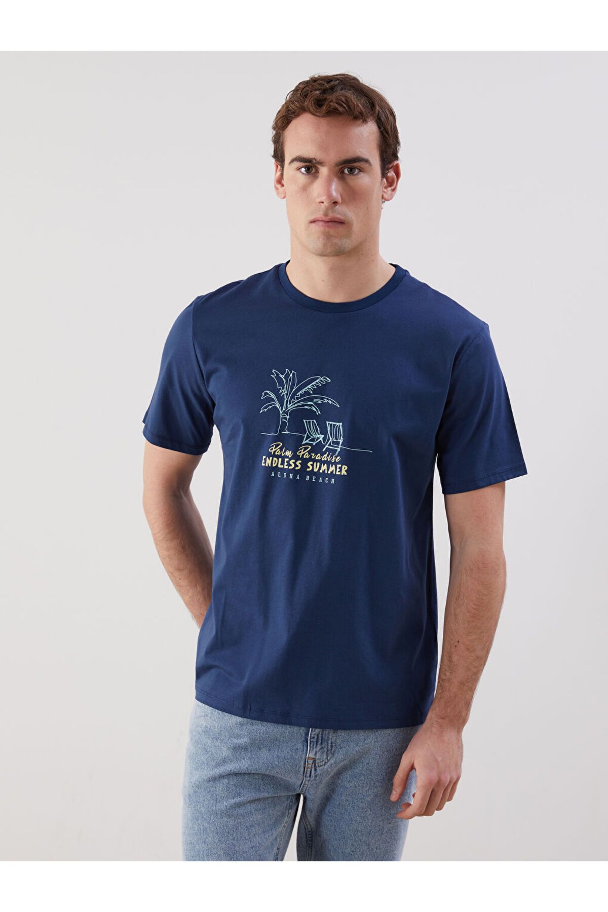 LC Waikiki Yeni Sezon Bisiklet Yaka Kisa Kollu Baskili Penye Erkek Tisort - S5K427Z8