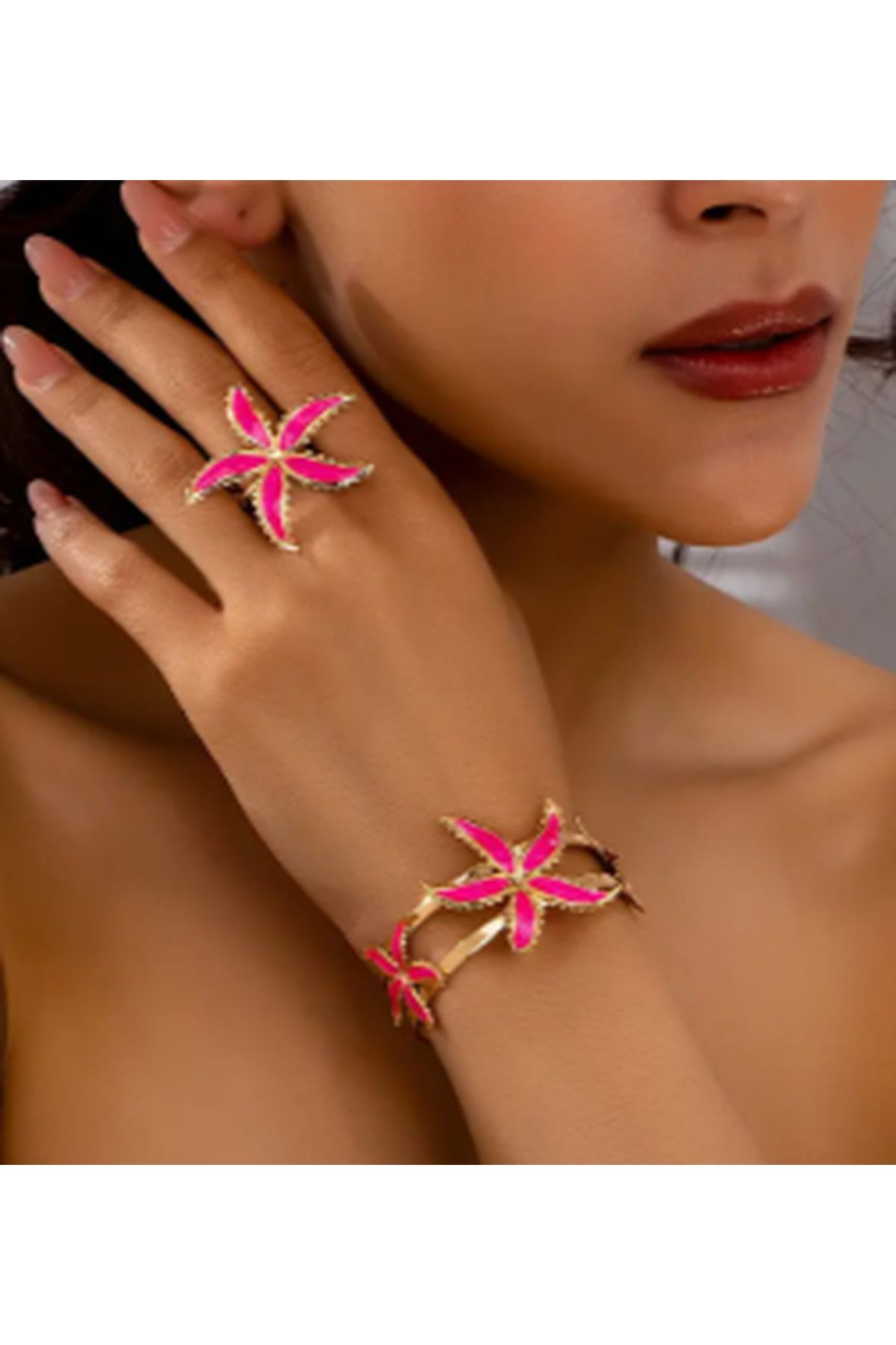 SE Jewellery Collection Selin Ersoy Pembe Mine Detaylı Denizyıldızı Bileklik ve Yüzük Takımı