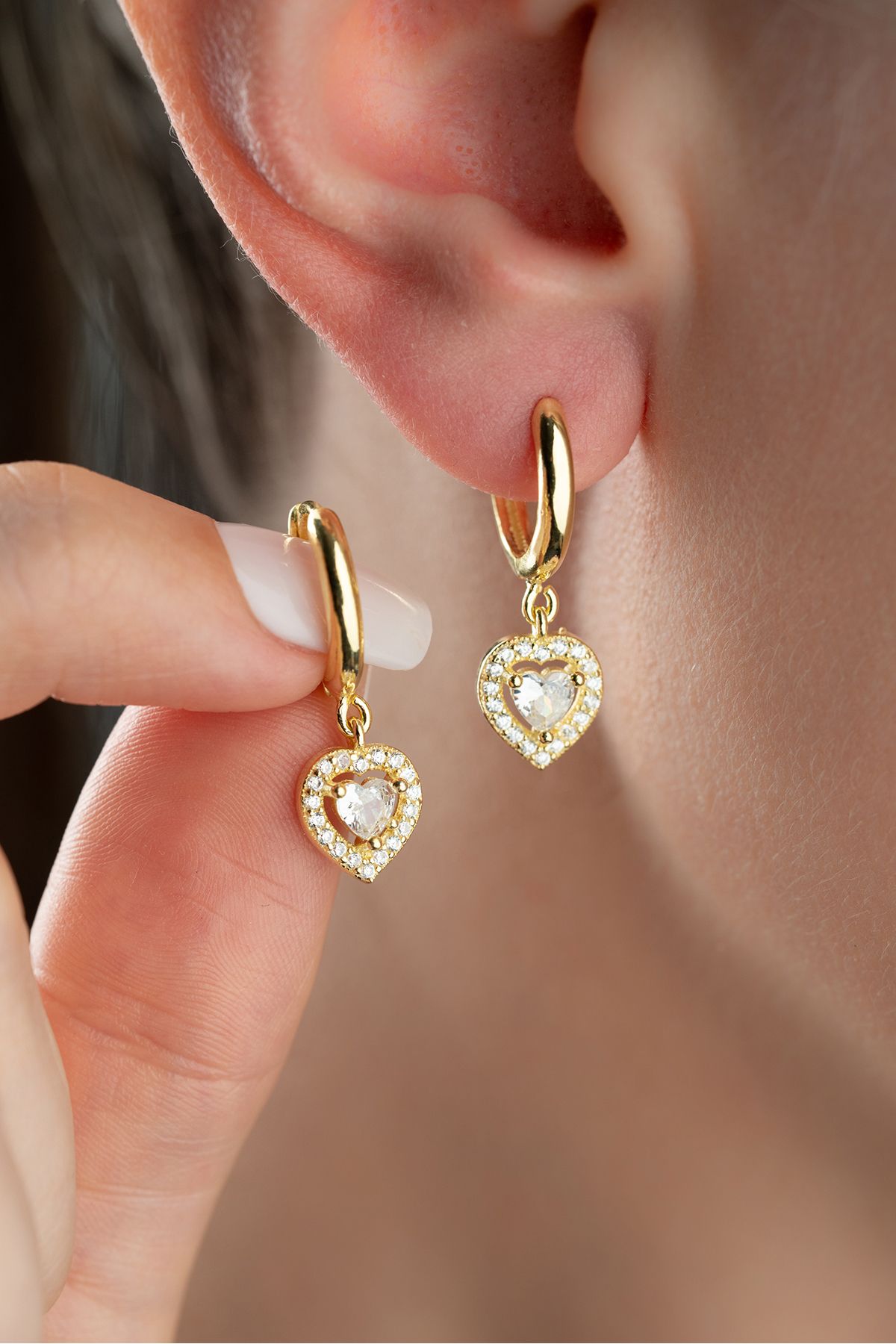 Silvano Jewelry 925 Ayar Gümüş Gold Zirkon Taşlı Kalp Küpe