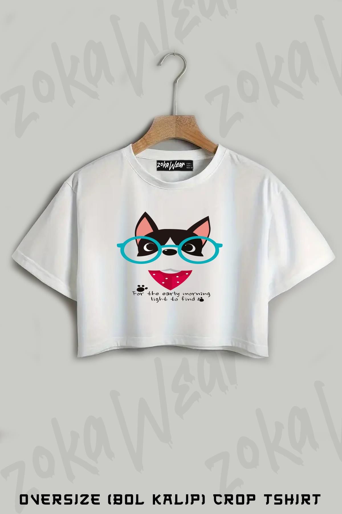 ZOKAWEAR Gözlüklü Köpek Baskılı Oversize Crop T-Shirt