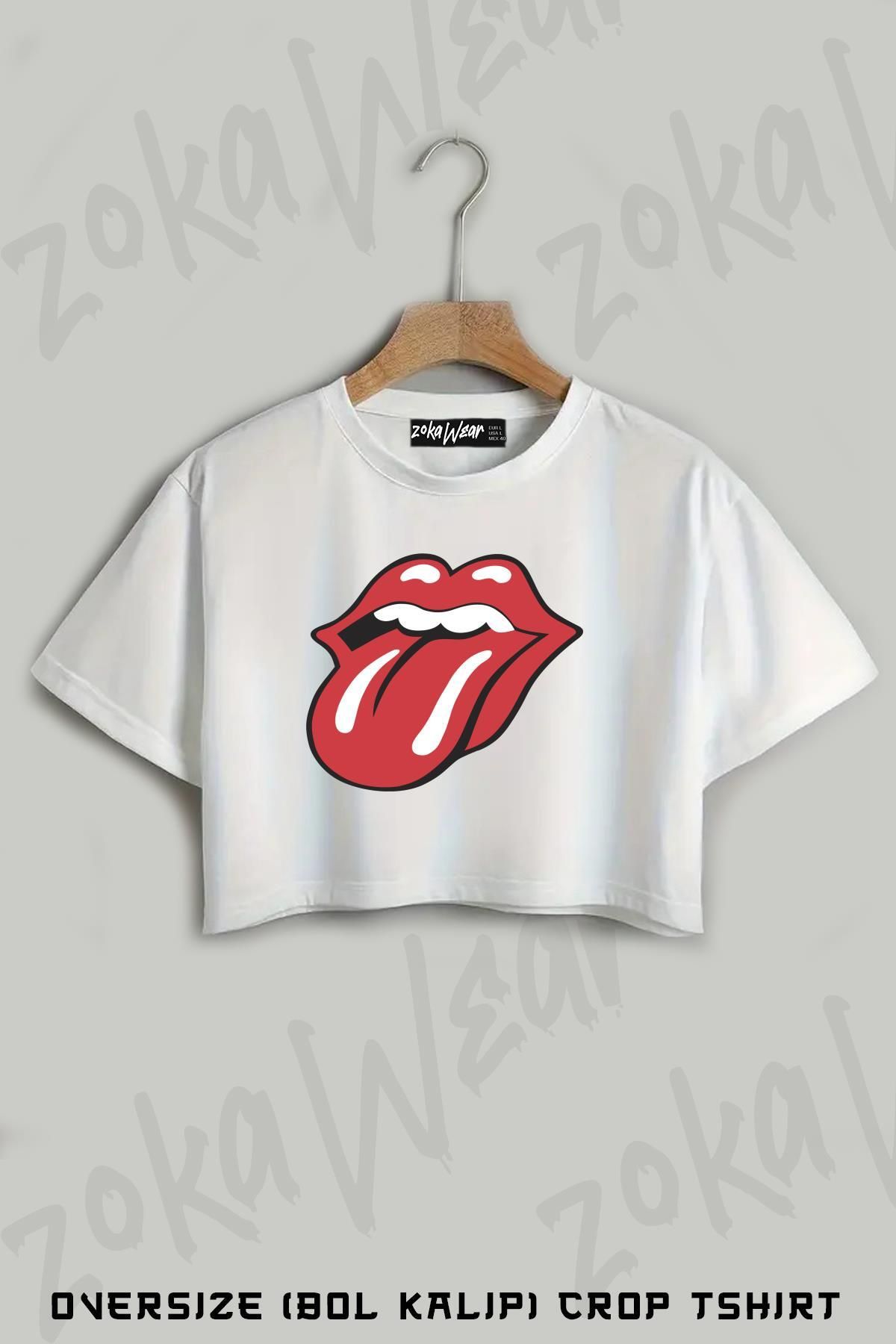ZOKAWEAR The Rolling Stones x2 Baskılı Oversize Crop T-Shirt