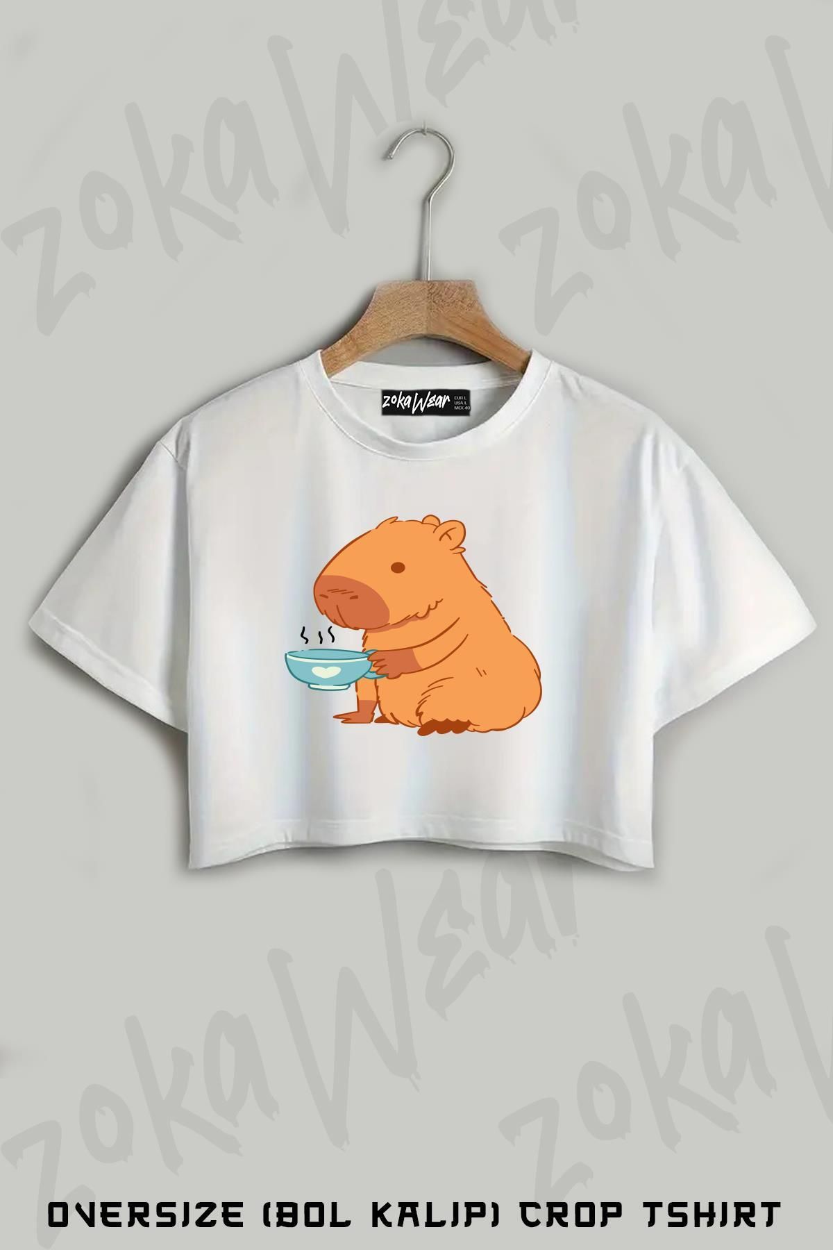 ZOKAWEAR Capybara With A Tea Cup Baskılı Oversize Crop T-Shirt