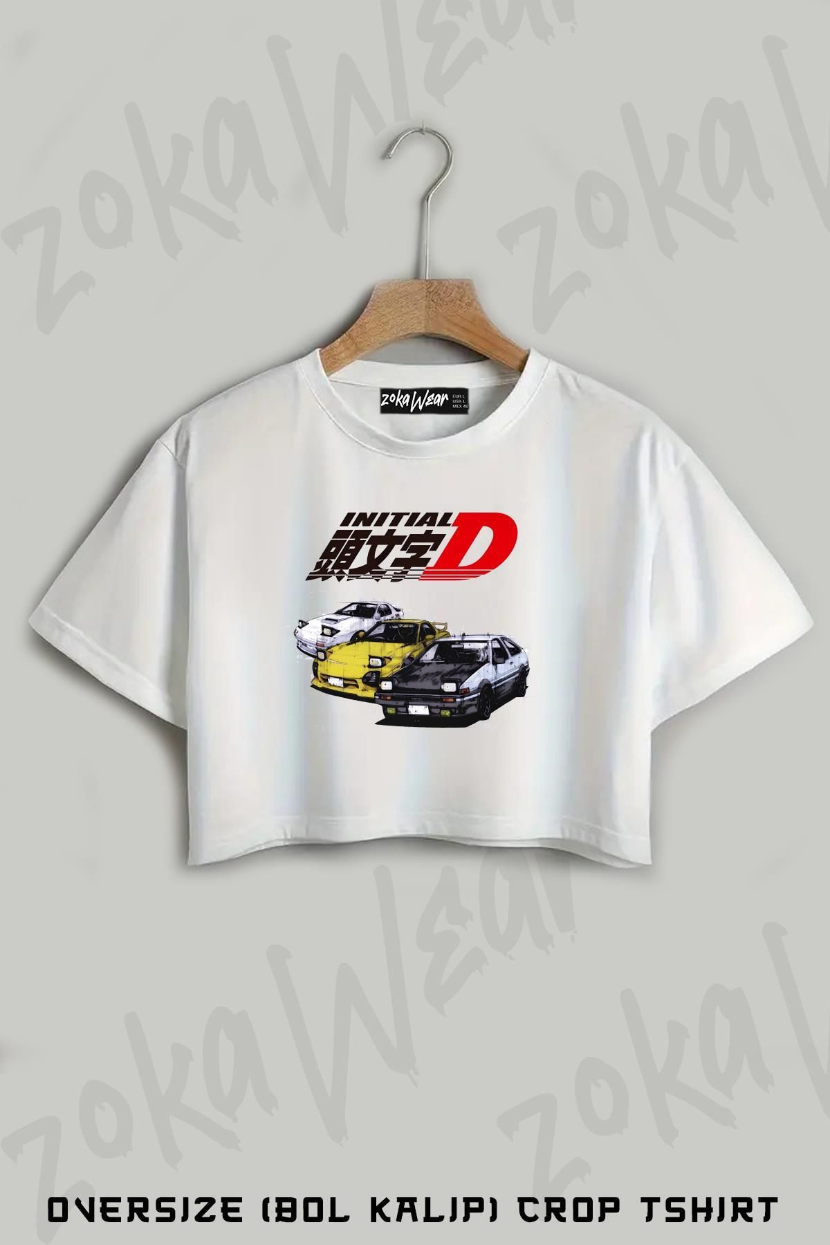ZOKAWEAR Initial D Ae86 & Rx7 Sketch Baskılı Oversize Crop T-Shirt