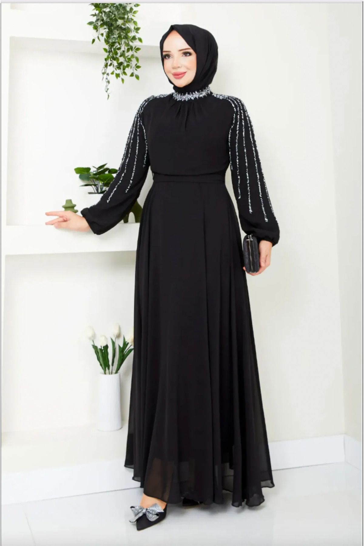 MissPul Kolları İşlemeli Abiye 6089lpn909-m Siyah