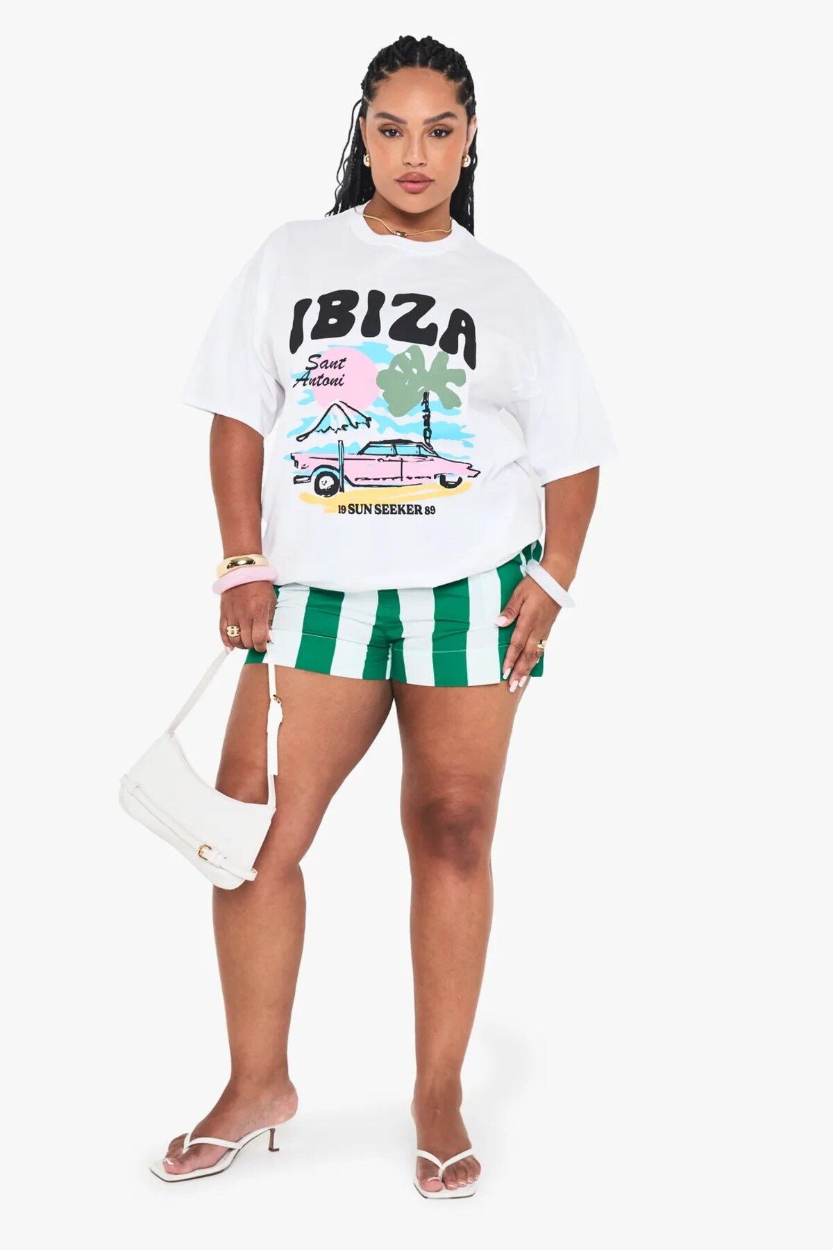 The Champ Clothing Büyük Beden Kadın Tişört %100 Pamuk Ibiza Baskılı Oversize Beyaz Yazlık